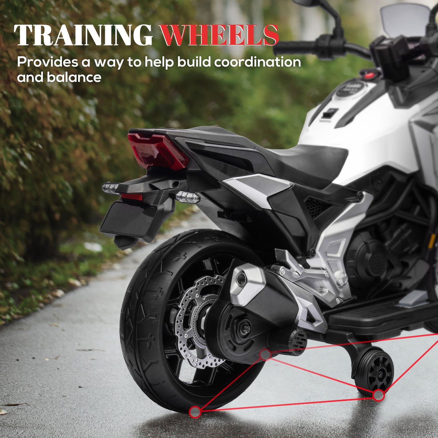 Honda Licensed 12V Ride on Motorbike for Kids with Headlights Music Training Wheels, for 3-6 Years, White Kids Crystal