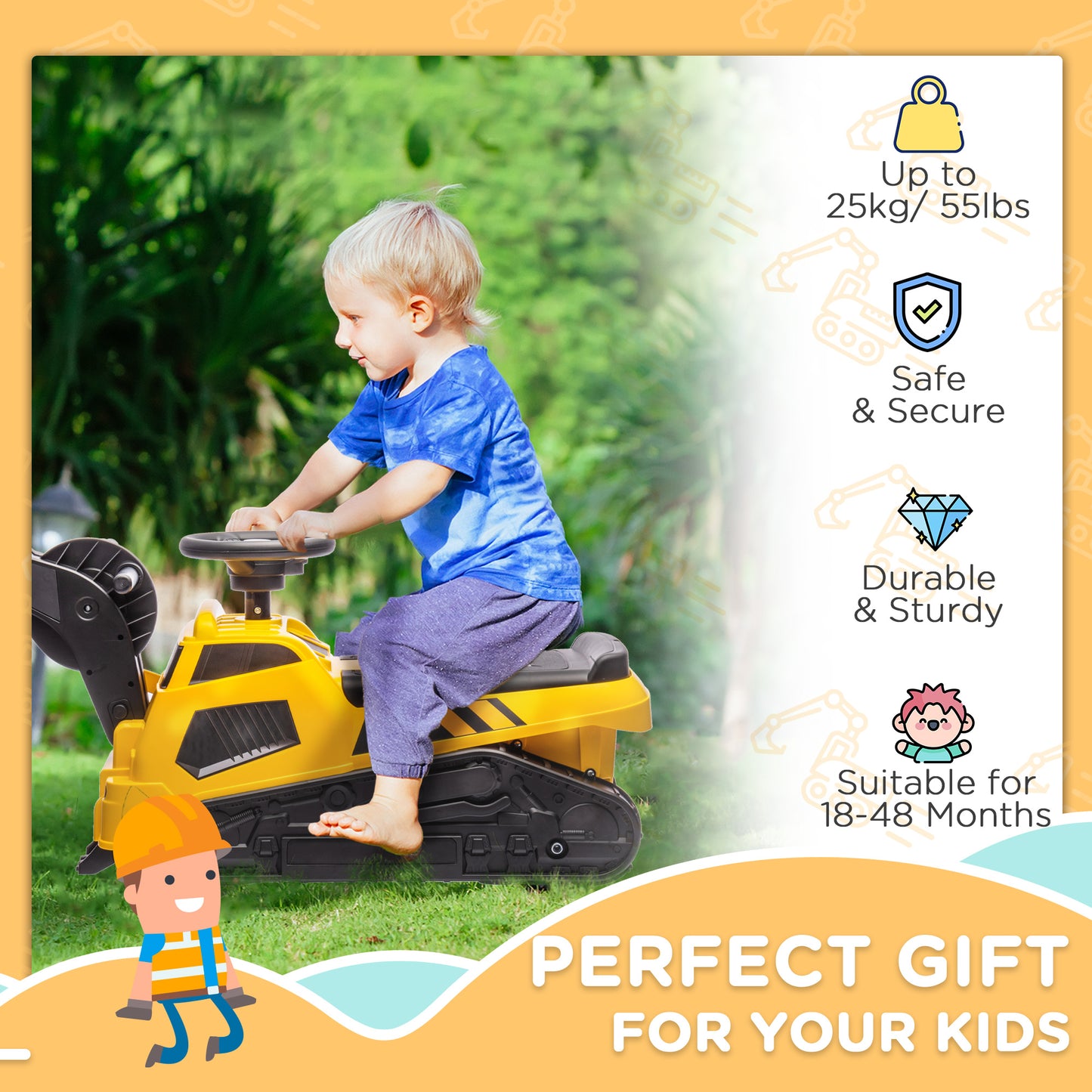 3 in 1 Kids Ride On Excavator Bulldozer Road Roller Pretend Play Construction Toy with Music Yellow for 18-48 Months Kids Crystal