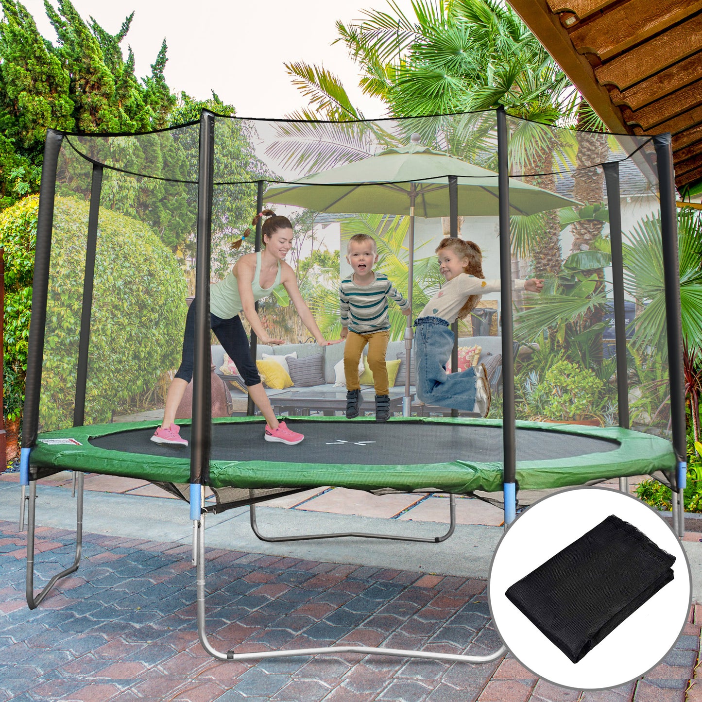 12' Round Trampoline Replacement Net Enclosure Safety Net Fence with 4 Arch 8 Poles Black Kids Crystal