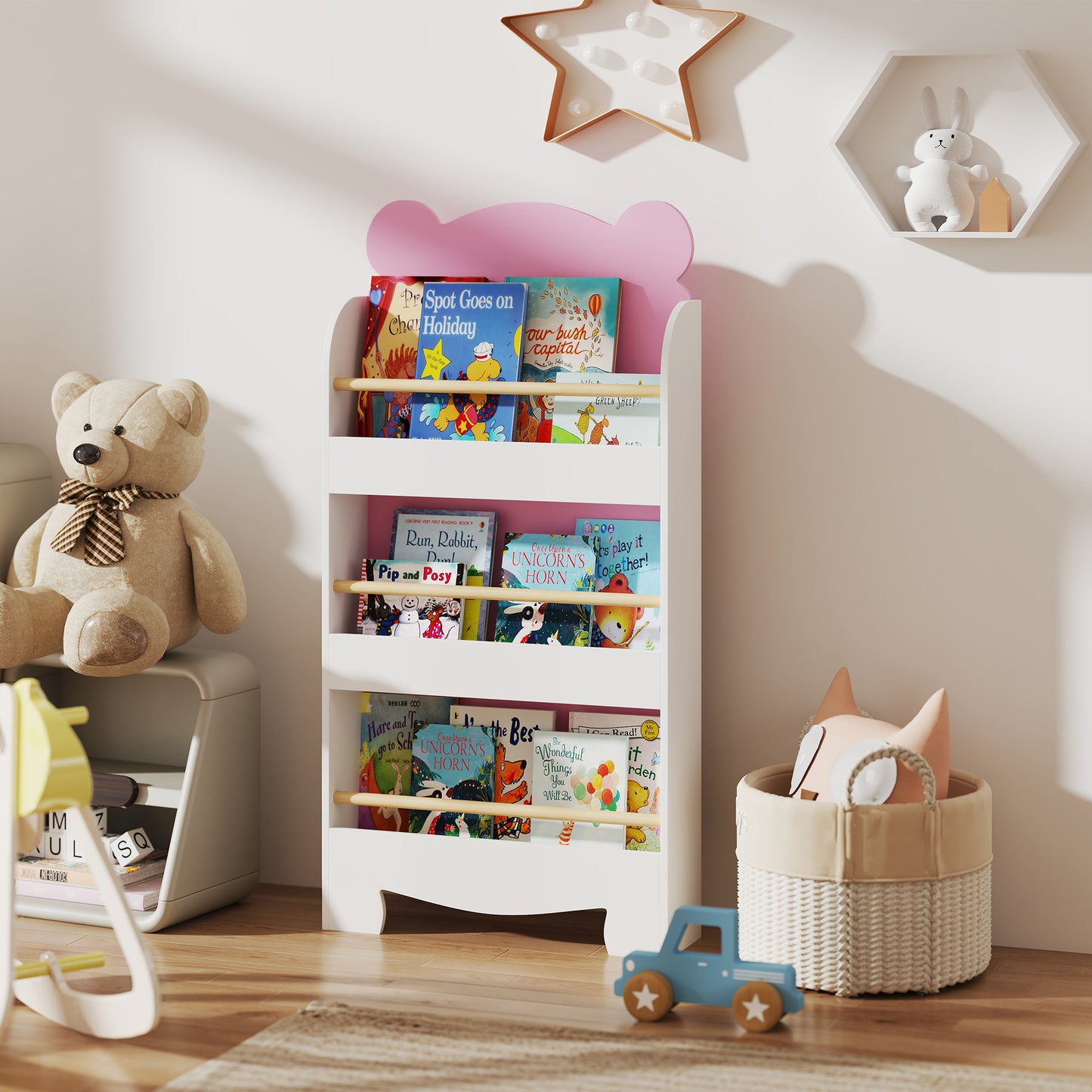 3-Tier Bear Theme Kids Bookshelf with Anti-tipping Device for Living Room, Kids Room, Playroom, Pink Kids Crystal