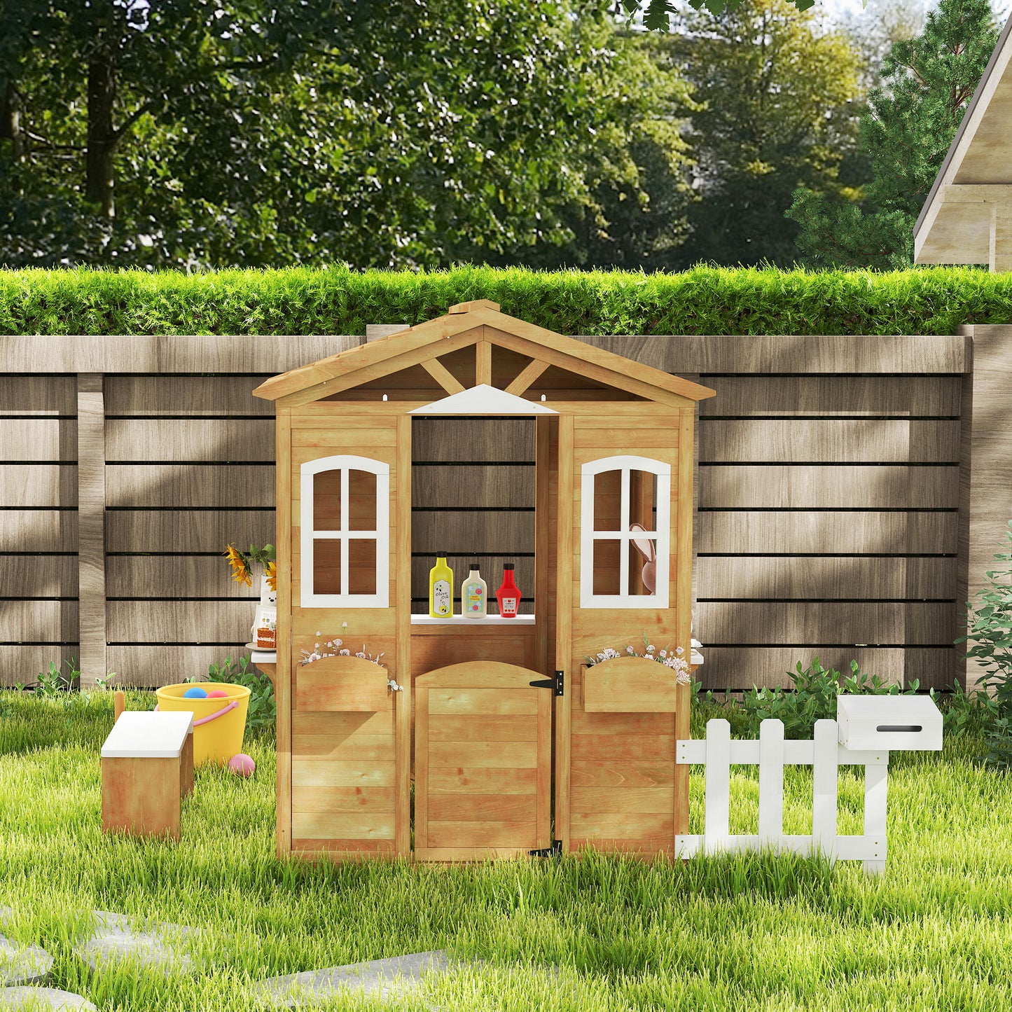 Wooden Kids Playhouse with Door Windows Mailbox Flower Pot Holder Serving Station Bench Yellow Kids Crystal