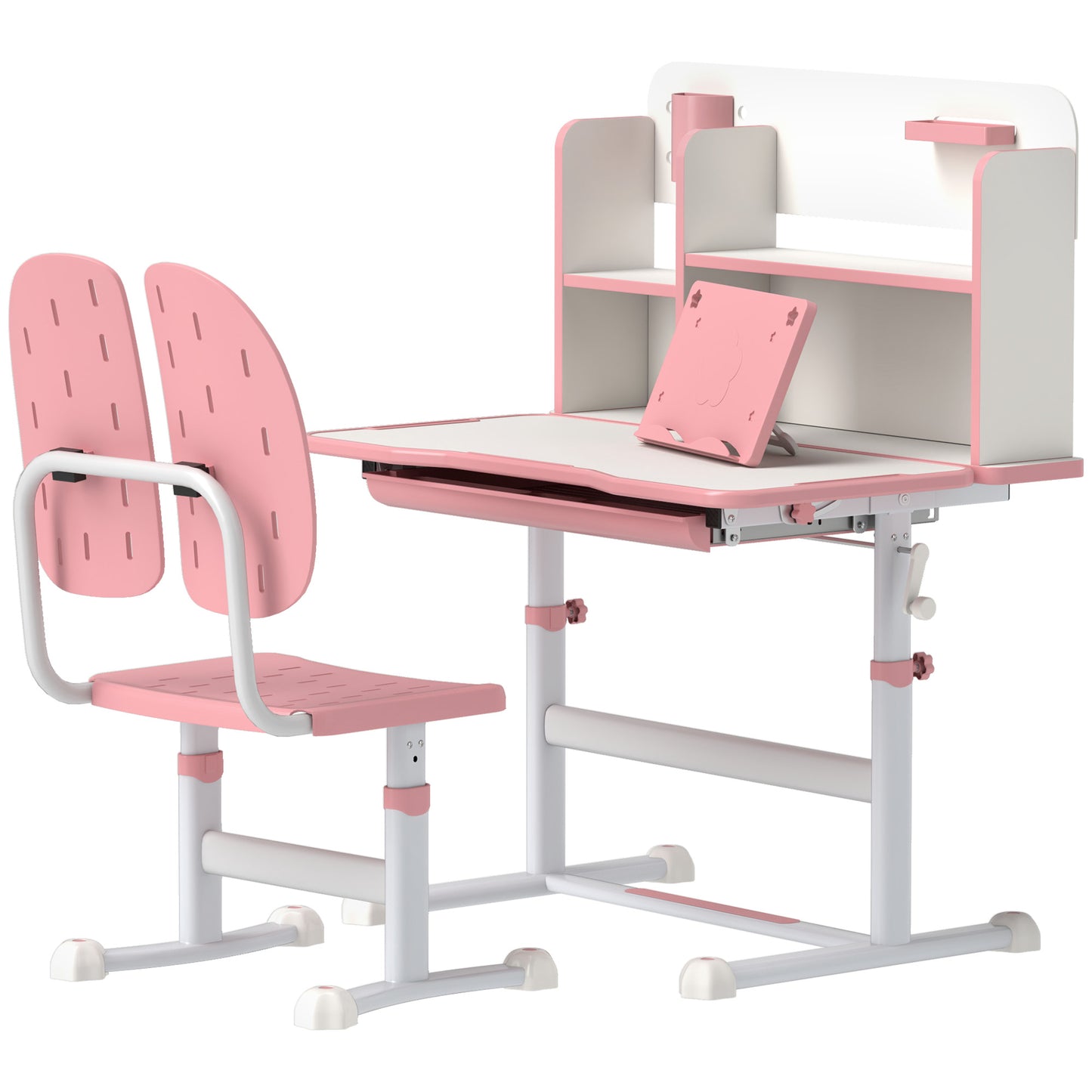 Adjustable Height Kids Desk and Chair Set, Kids Study Table and Chair with Tilt Desktop, Drawer, Reading Rack, Pink Kids Crystal