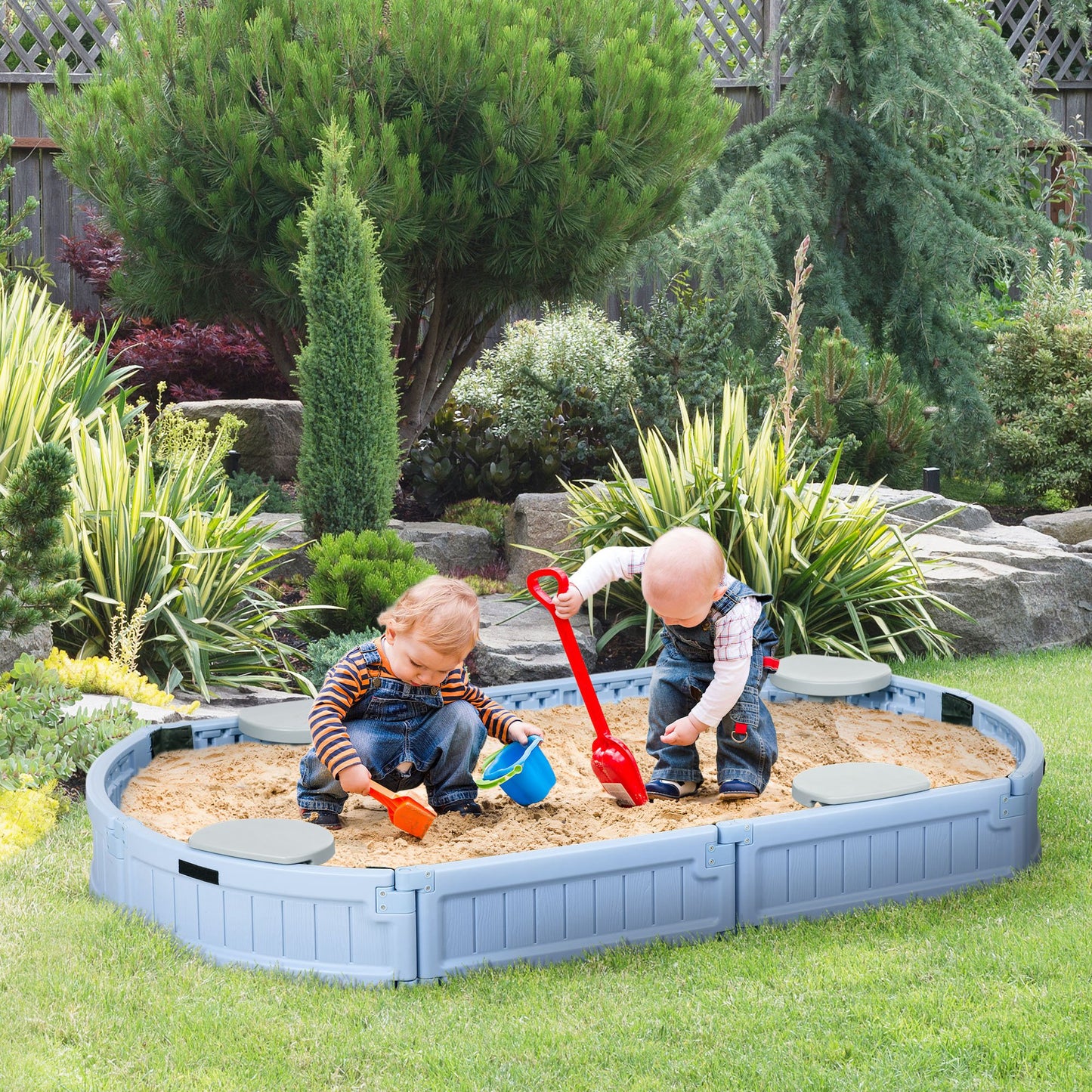 Sand Play Station for Kids with Protective Cover Seating Area Easy to Assemble Outdoor Sandbox Blue Kids Crystal