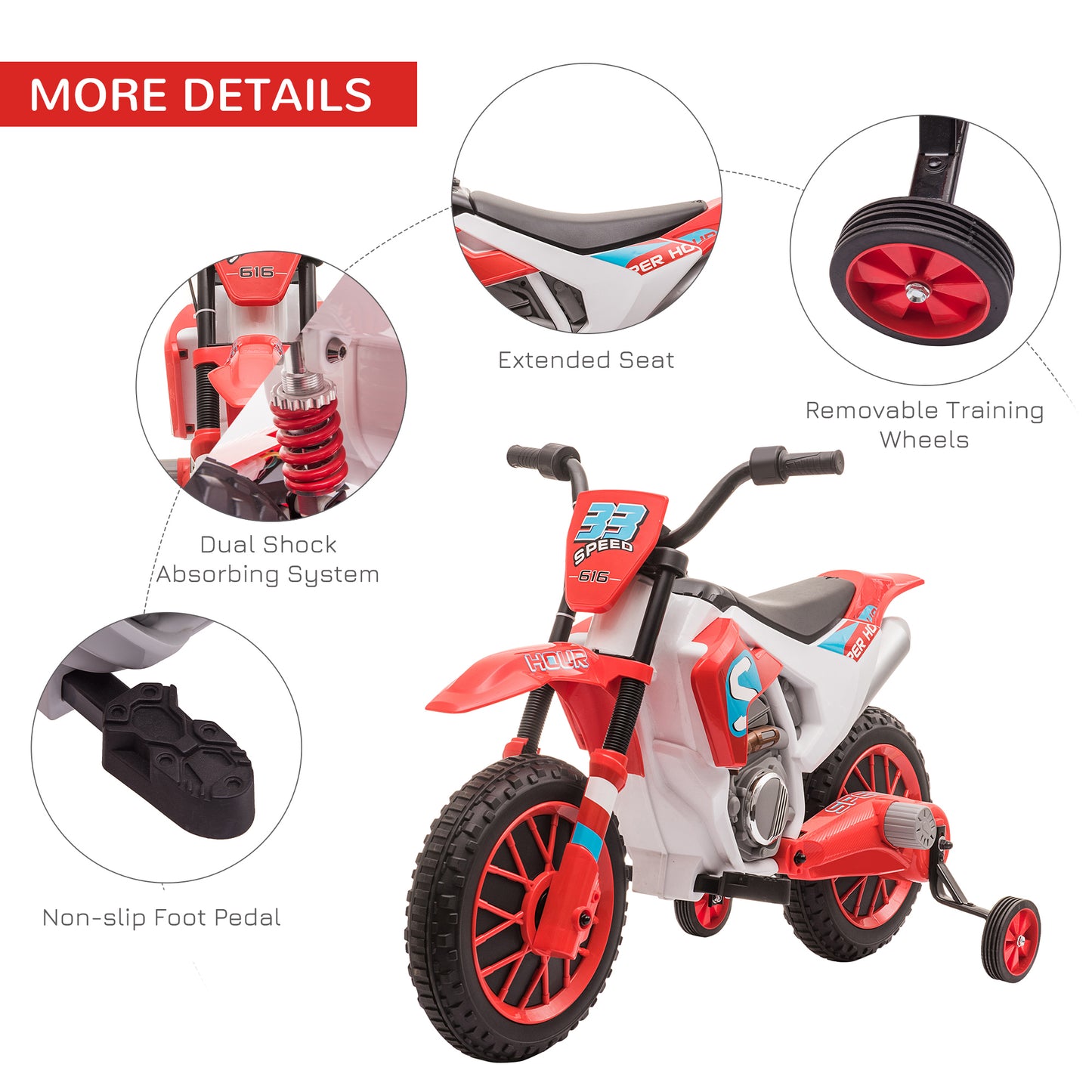 Electric Kids Dirt Bike Battery-Powered Ride-On Motorcycle 12V Training Wheels Red Kids Crystal