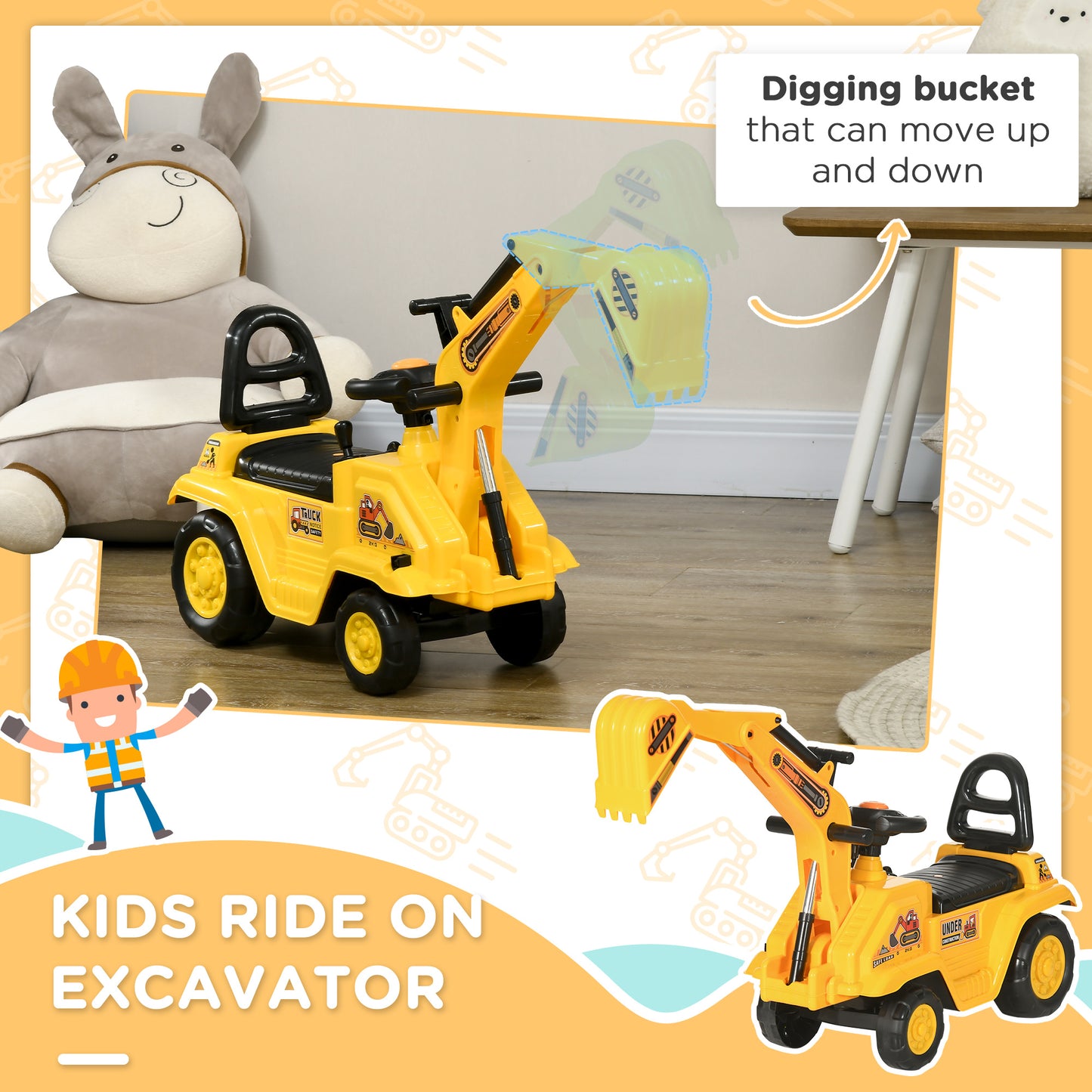 3 in 1 Ride On Toy Excavator Digger Scooter Pulling Cart Pretend Play Construction Truck Kids Crystal