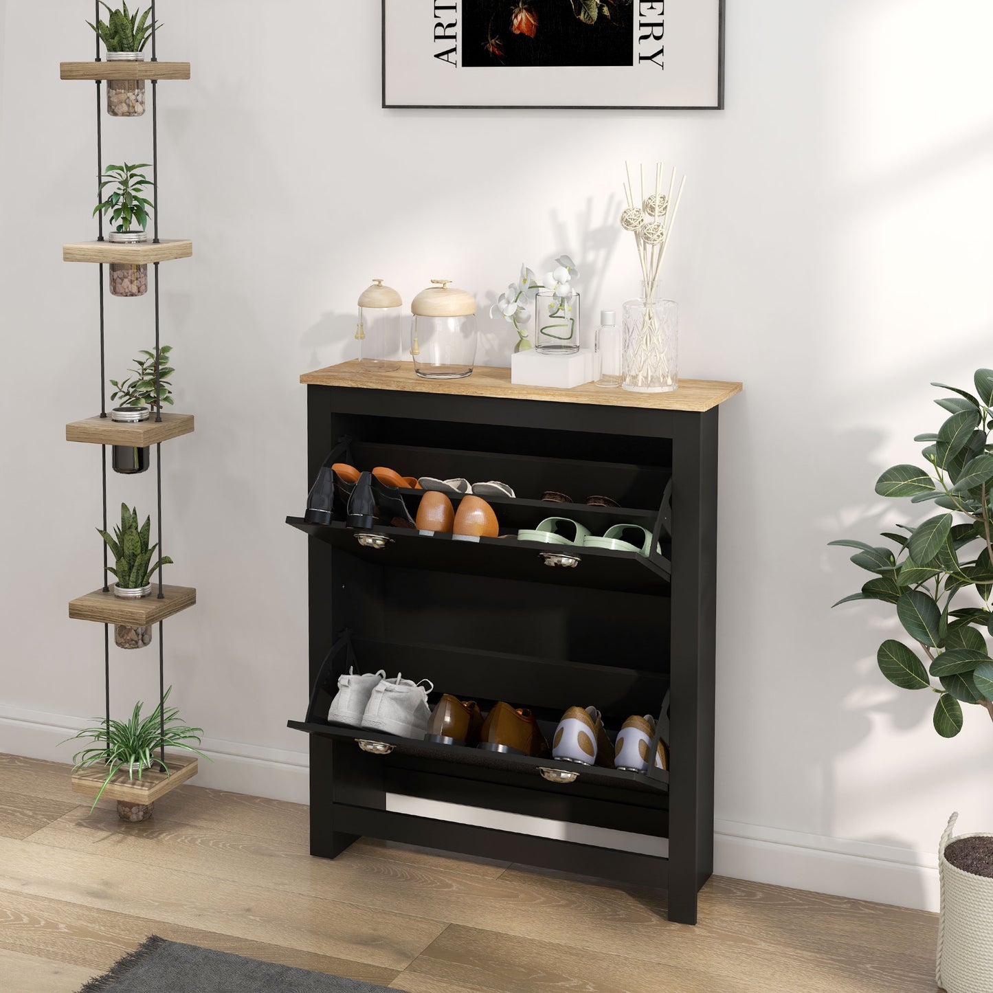 Entryway Shoe Storage Cabinet: 2 Flip Drawers, Adjustable Shelves, 12 Pair Organizer for Hallway, Black Kids Crystal