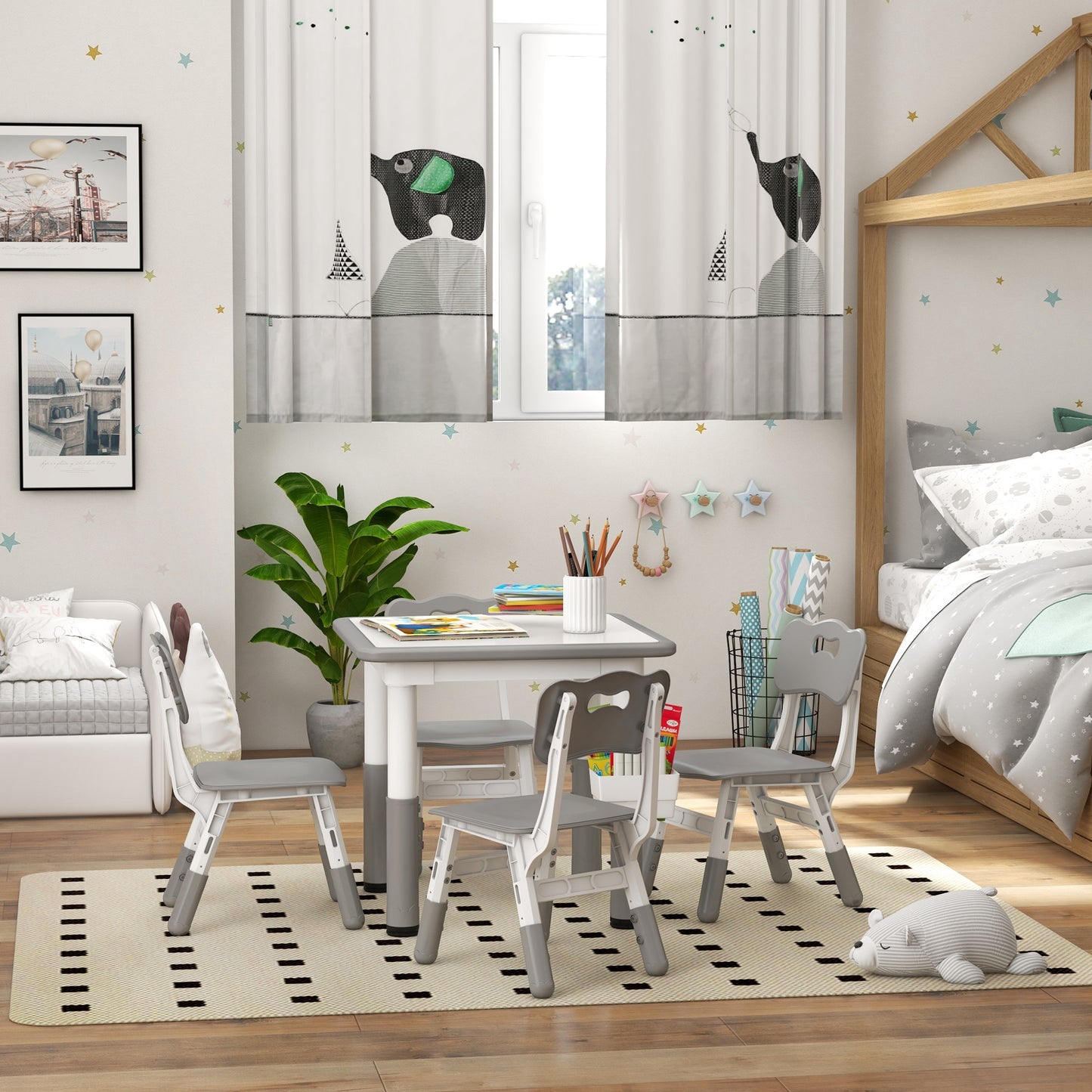 5 Piece Toddler Table Chair Set Height Adjustable Activity Set Nursery Classroom Playroom Furniture Grey Kids Crystal