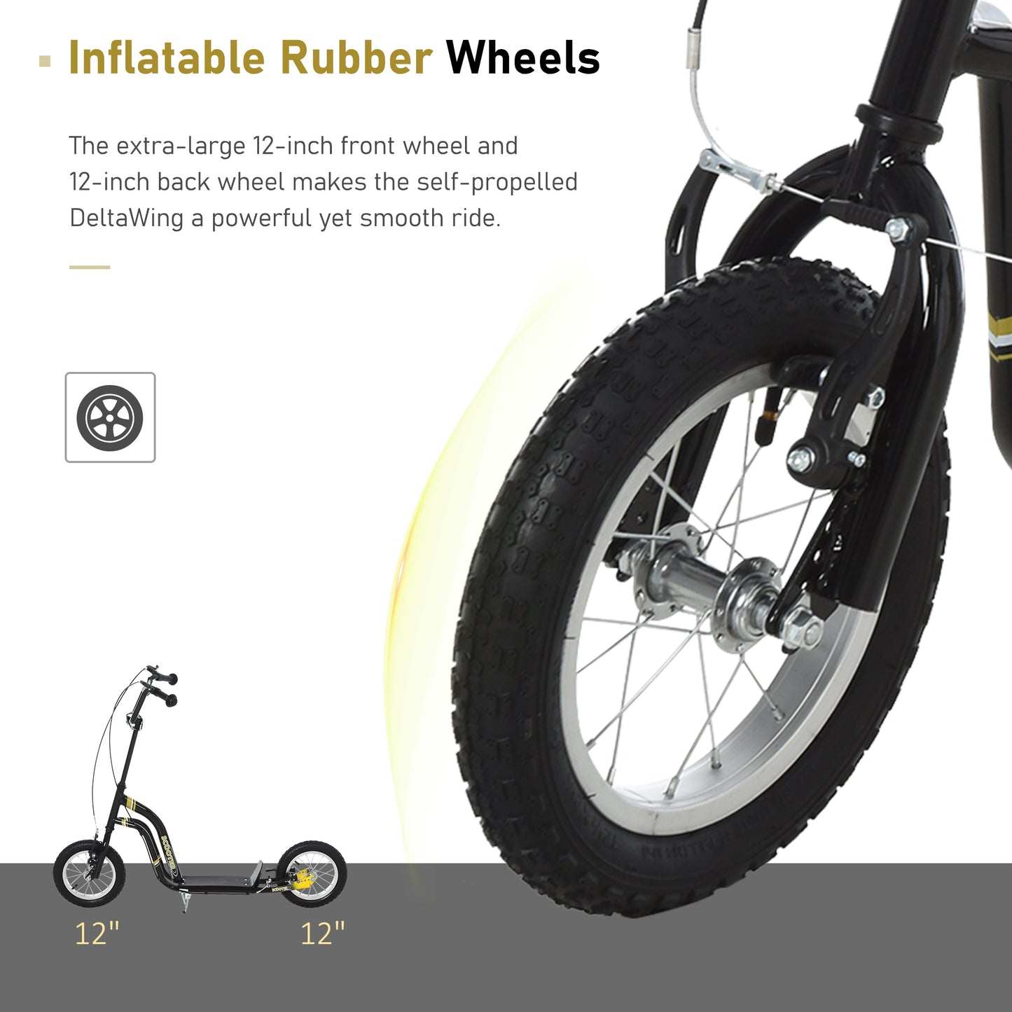 Dual Brakes Kick Scooter 12-Inch Inflatable Front Wheel Ride On Toy for Age 5+, Black Kids Crystal