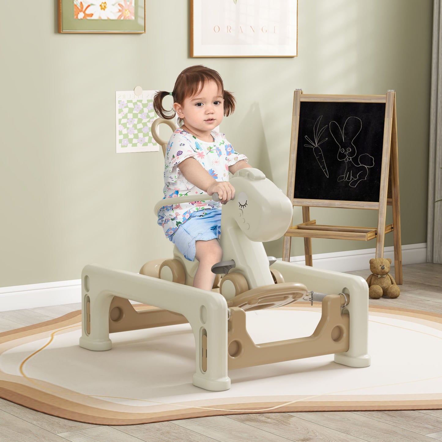 5 in 1 Rocking Horse for Toddlers 1-6 Years with Balance Board, Push Handle, 4 Smooth Wheels Kids Crystal