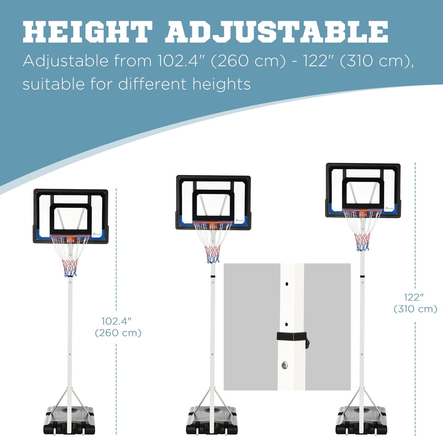 Adjustable Basketball Hoop Stand Sturdy Backboard Weighted Base Portable on Wheels Kids Crystal