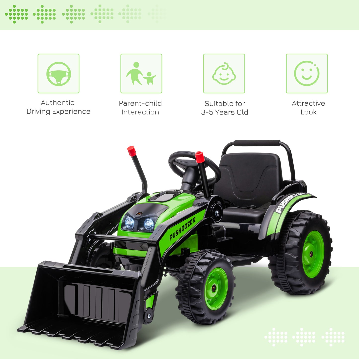 Kids Tractor 6V Battery Powered Digger Ride On Excavator Music Headlight Moving Forward Backward Green Kids Crystal