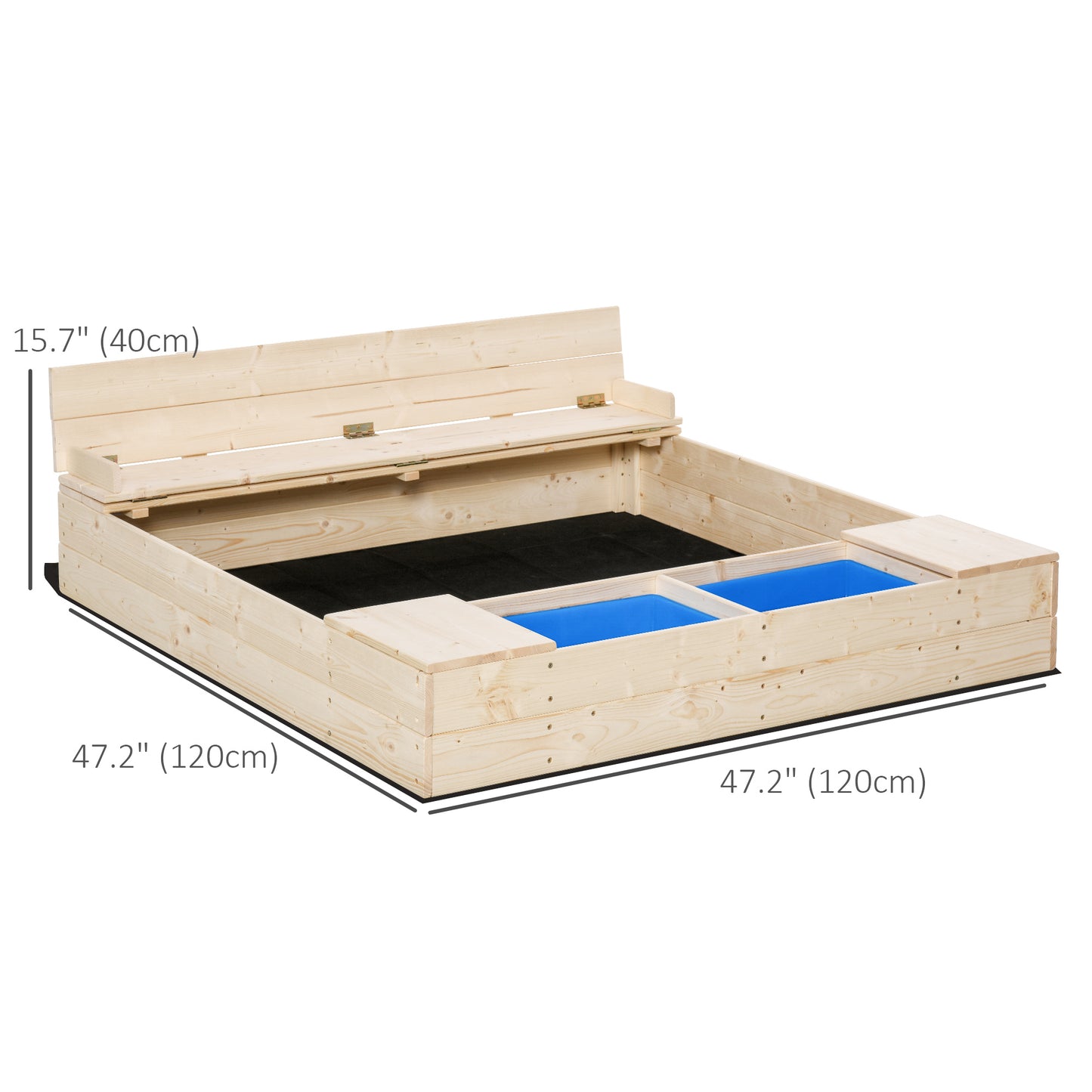 Wooden Kids Sandbox with Foldable Bench Seat, 2 Plastic Boxes, Bottom Liner, Storage Space for Garden, Backyard Kids Crystal