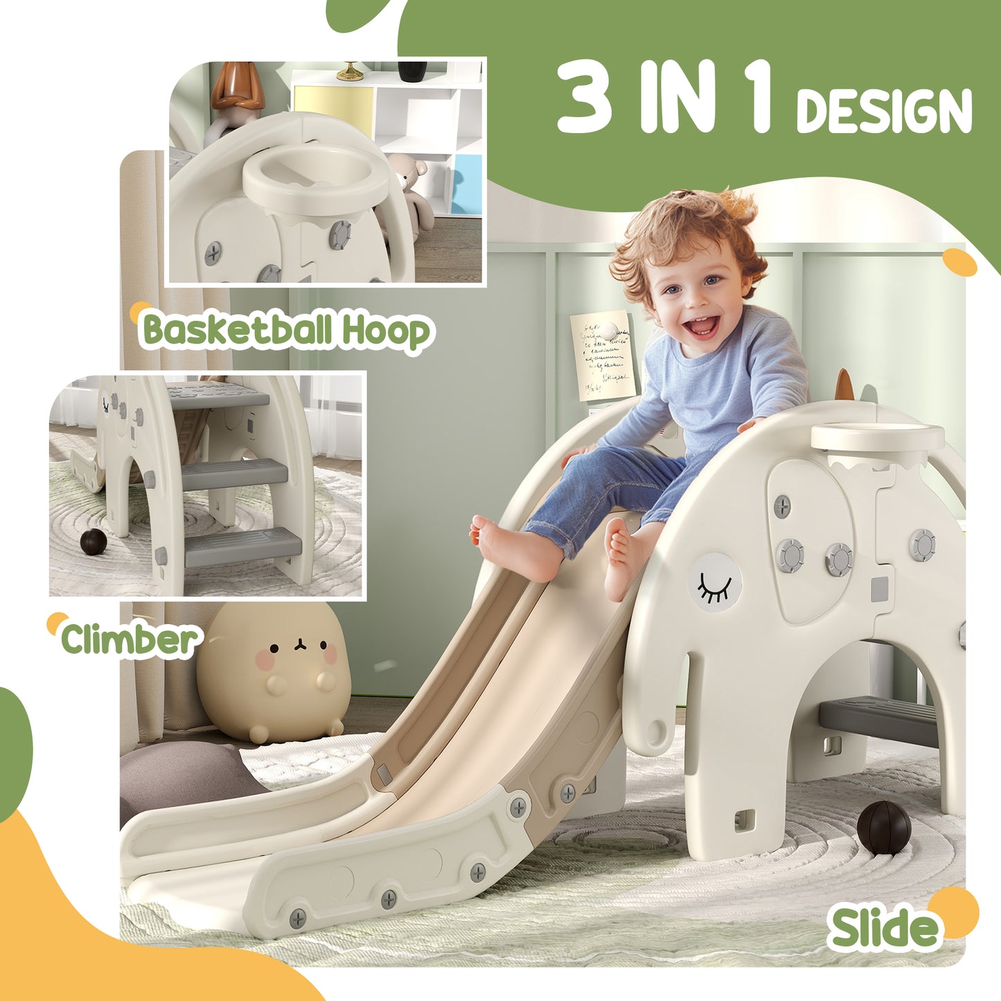 3 in 1 Toddler Slide with Basketball Hoop, Climber, for 1-3 Years Old, Elephant-themed Kids Crystal
