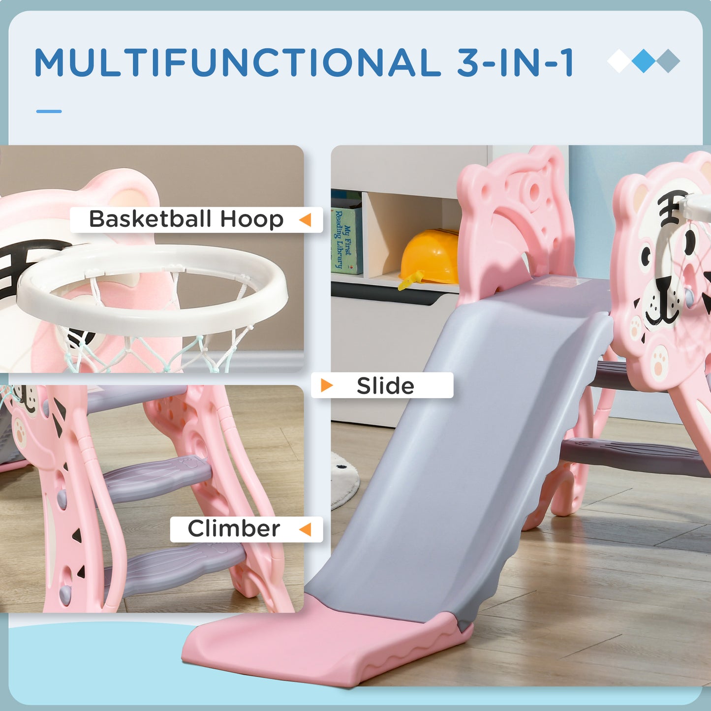 2 in 1 Slide for Toddlers, Kids Slide Playset with Basketball Hoop for 18-36 Months, Pink Kids Crystal