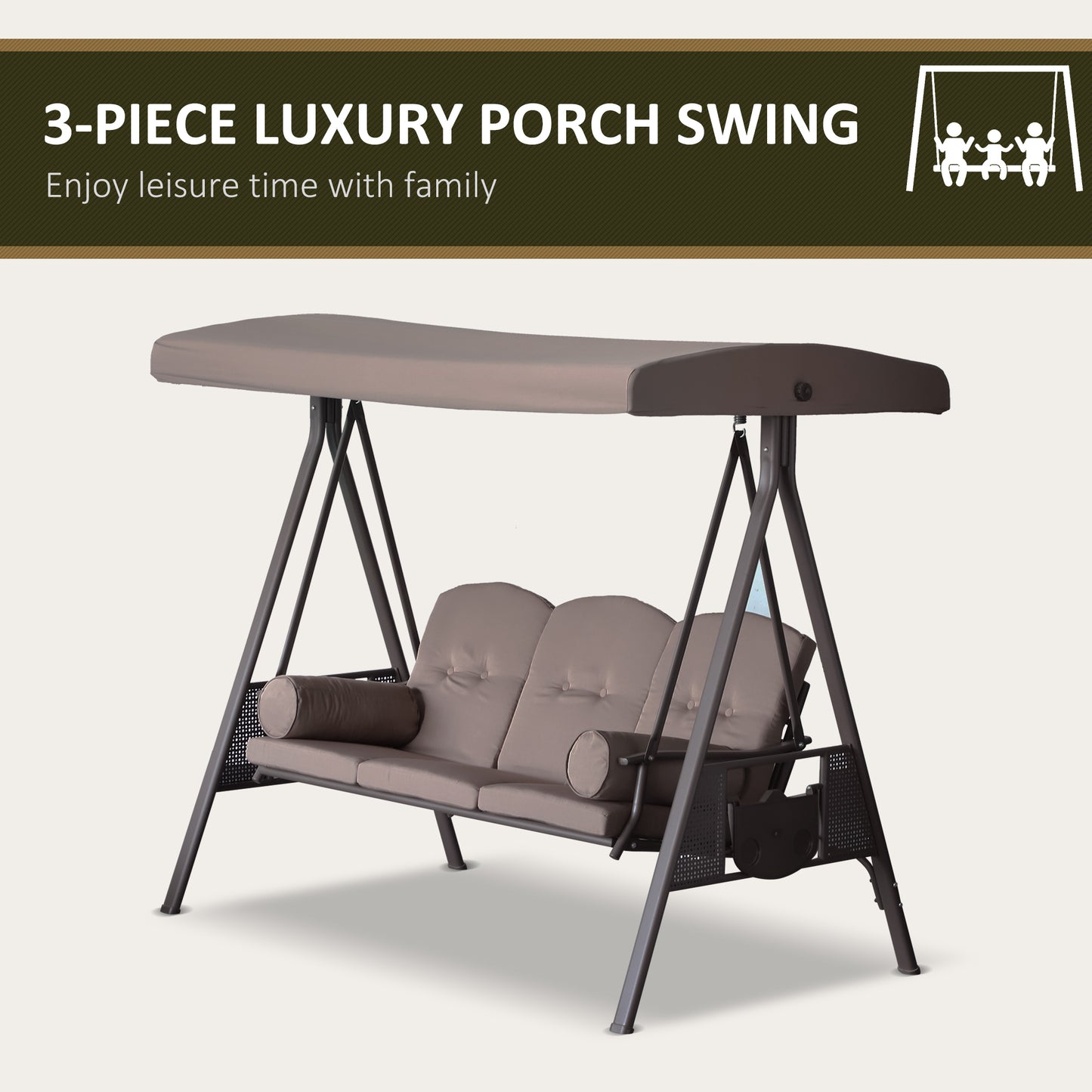 3-Person Porch Swing Chair Heavy Duty Outdoor Lounge Hammock with Cushioned Seat and Tilt Canopy Brown Kids Crystal