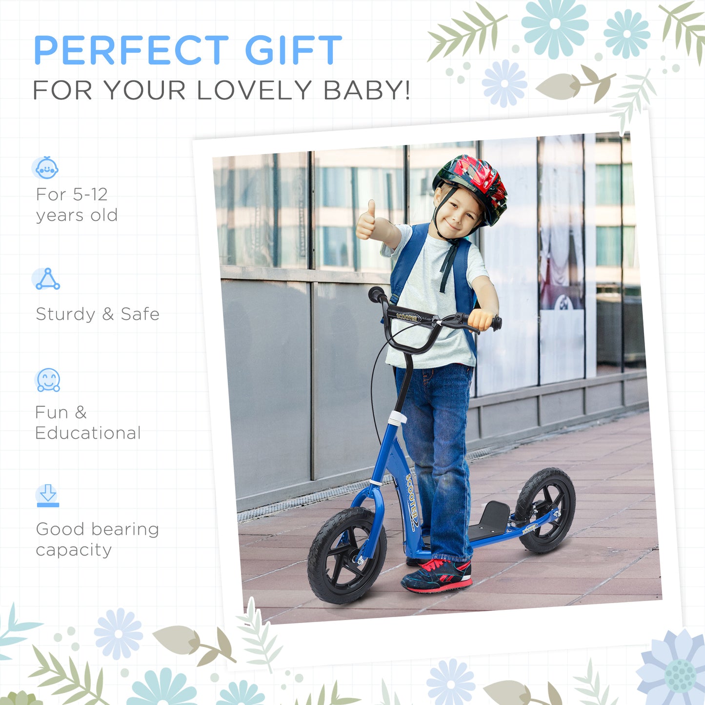Kids Scooter Street Bike with 12 Tire for Ages 5+ Ride on Toy Blue Kids Crystal