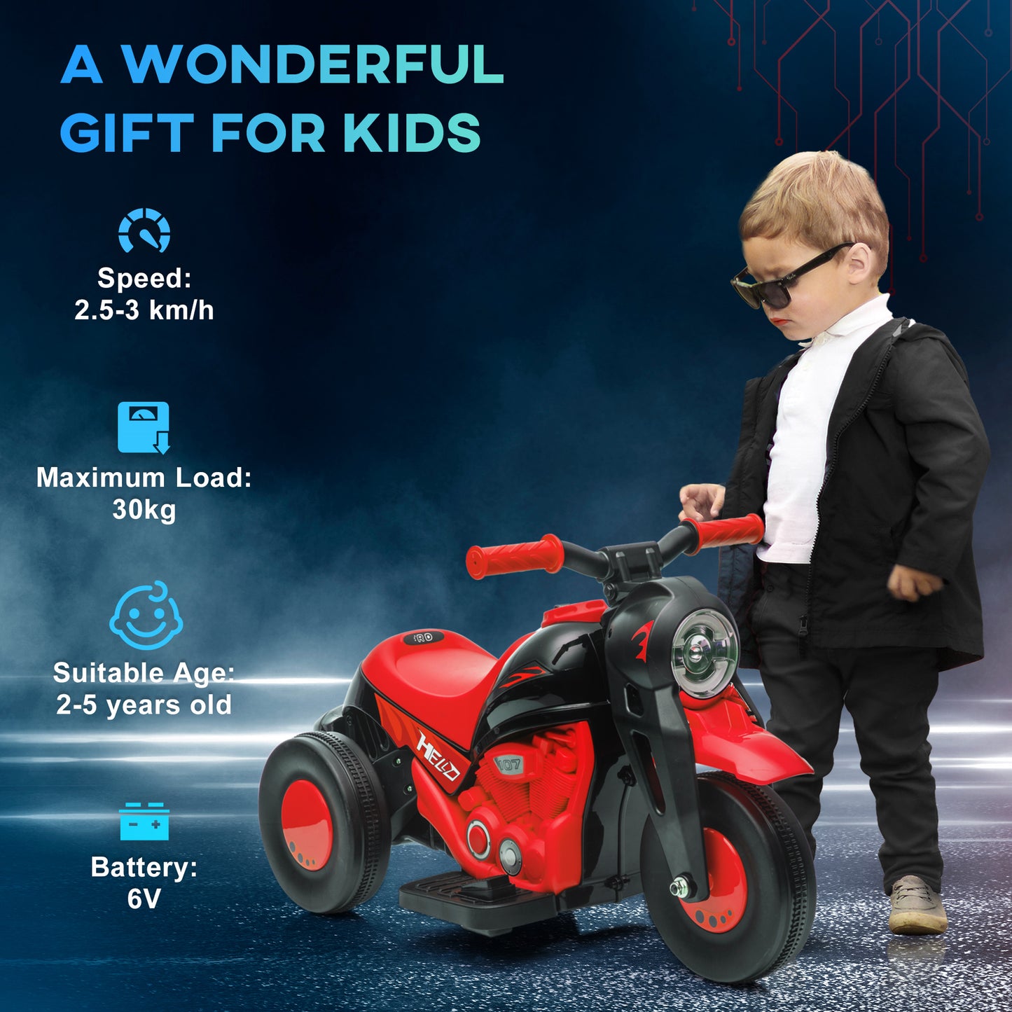 Electric Motorcycle for Kids, 6V Ride on Bubble Car with LED Headlight, Music, Pedal, for 2-5 Years Black Kids Crystal
