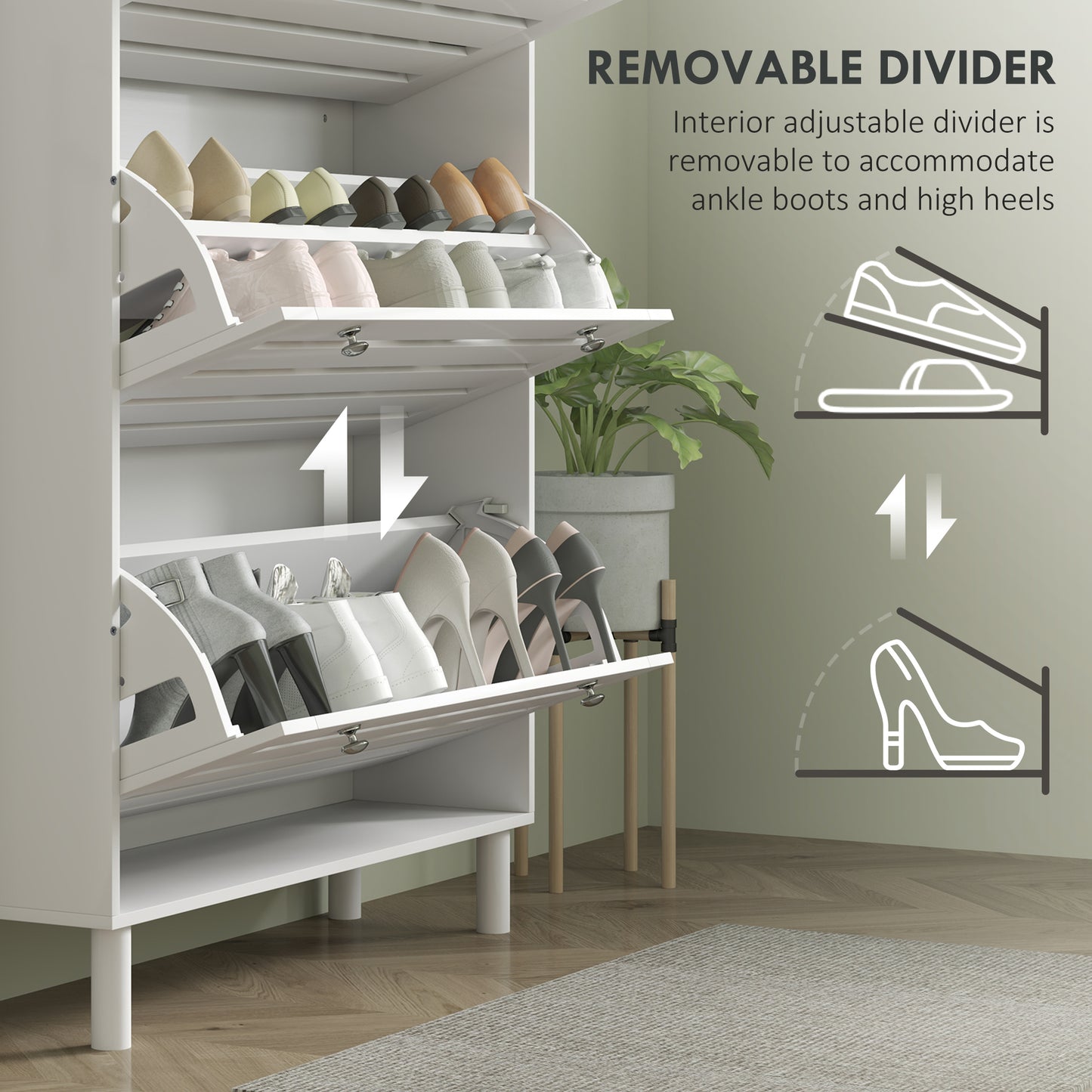 Narrow Shoe Storage Cabinet, 3 Flip Drawers, Adjustable Shelves, 24 Pairs Capacity, White Kids Crystal