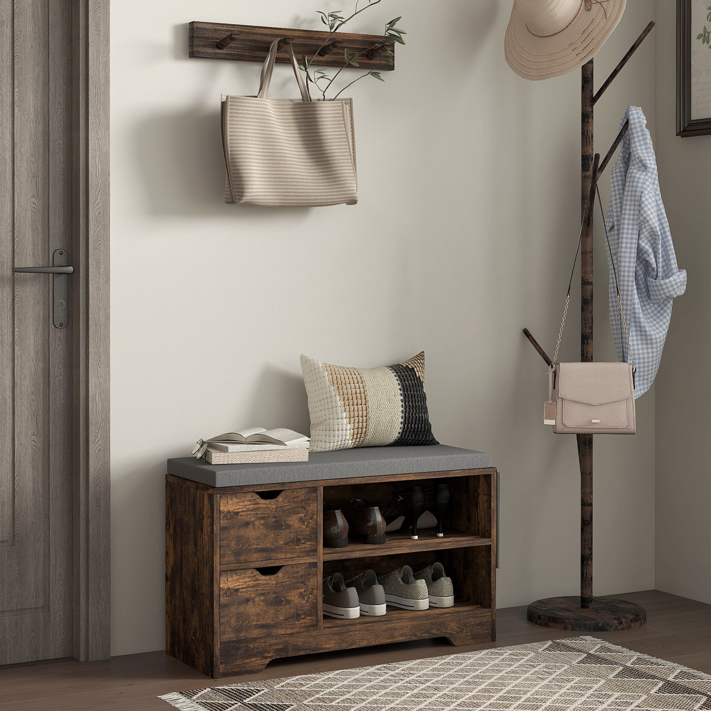 Upholstered Shoe Storage Bench w/ Seat, Entrance Bench w/ Drawer Open Shelves and Pocket for Hallway, Rustic Brown Kids Crystal