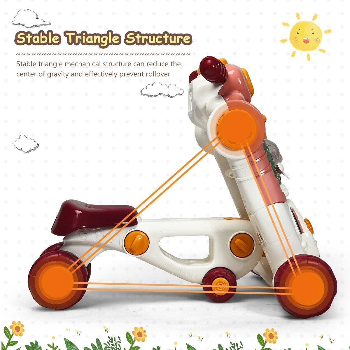 3-in-1 Baby Sit-to-Stand Walker with Music and Lights-Pink Kids Crystal