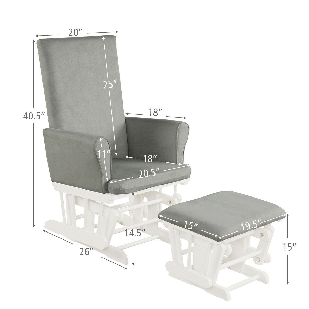 Baby Nursery Relax Rocker Rocking Chair Glider & Ottoman Set-Gray Kids Crystal