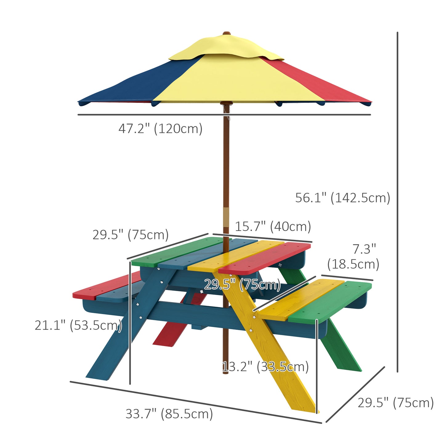 Kids Wooden Picnic Table Bench Set with Removable Umbrella, Ideal for Backyard, Garden, Ages 3-6