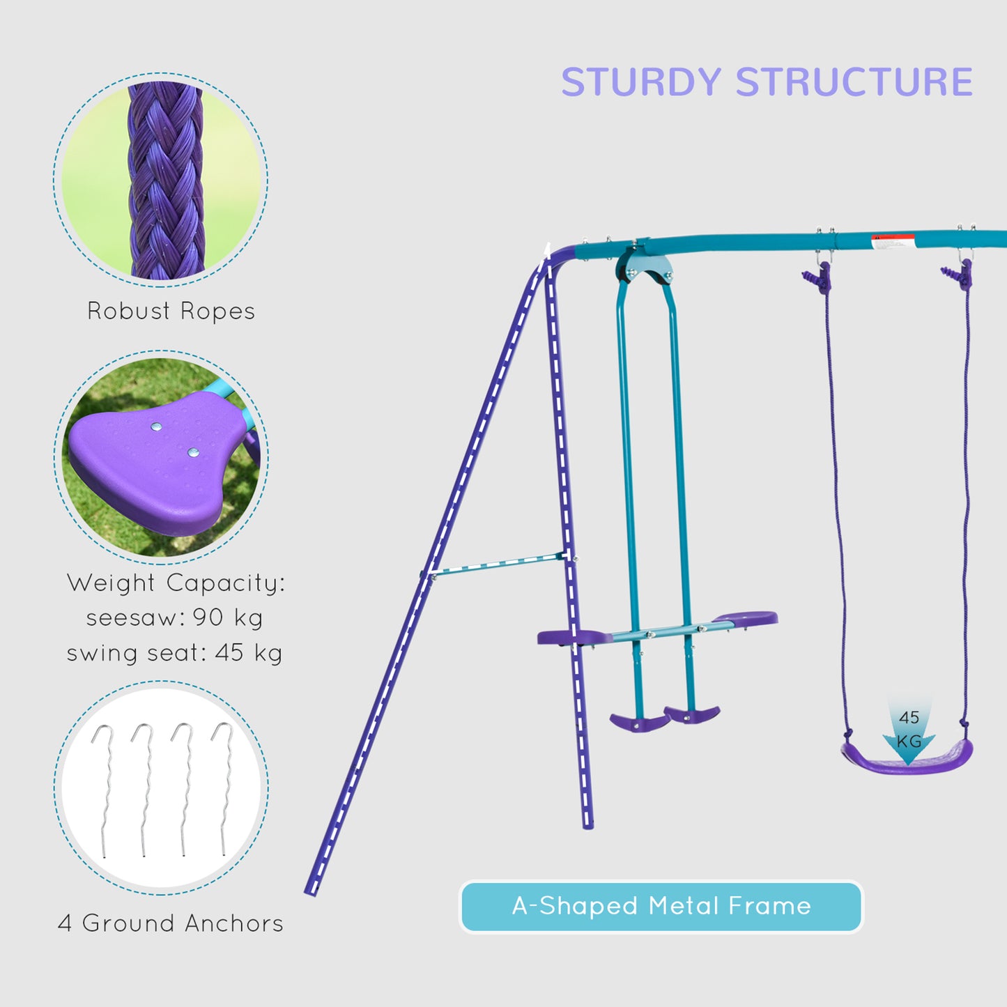 Swing Set for Kids with Glider, 2 Swing Seats, Heavy Duty A-Frame Metal Stand Outdoor Playground Playset, Purple Kids Crystal