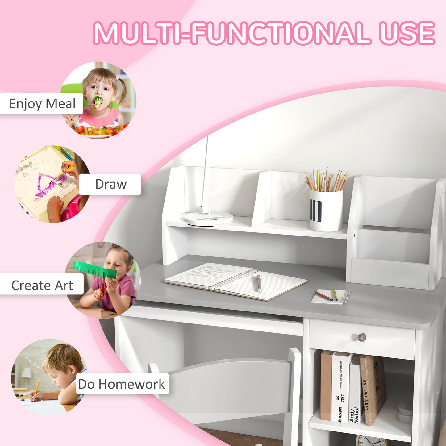 Kids Desk and Chair Set for 5-8 Year Old with Storage Study Table and Chair for Children Grey Kids Crystal