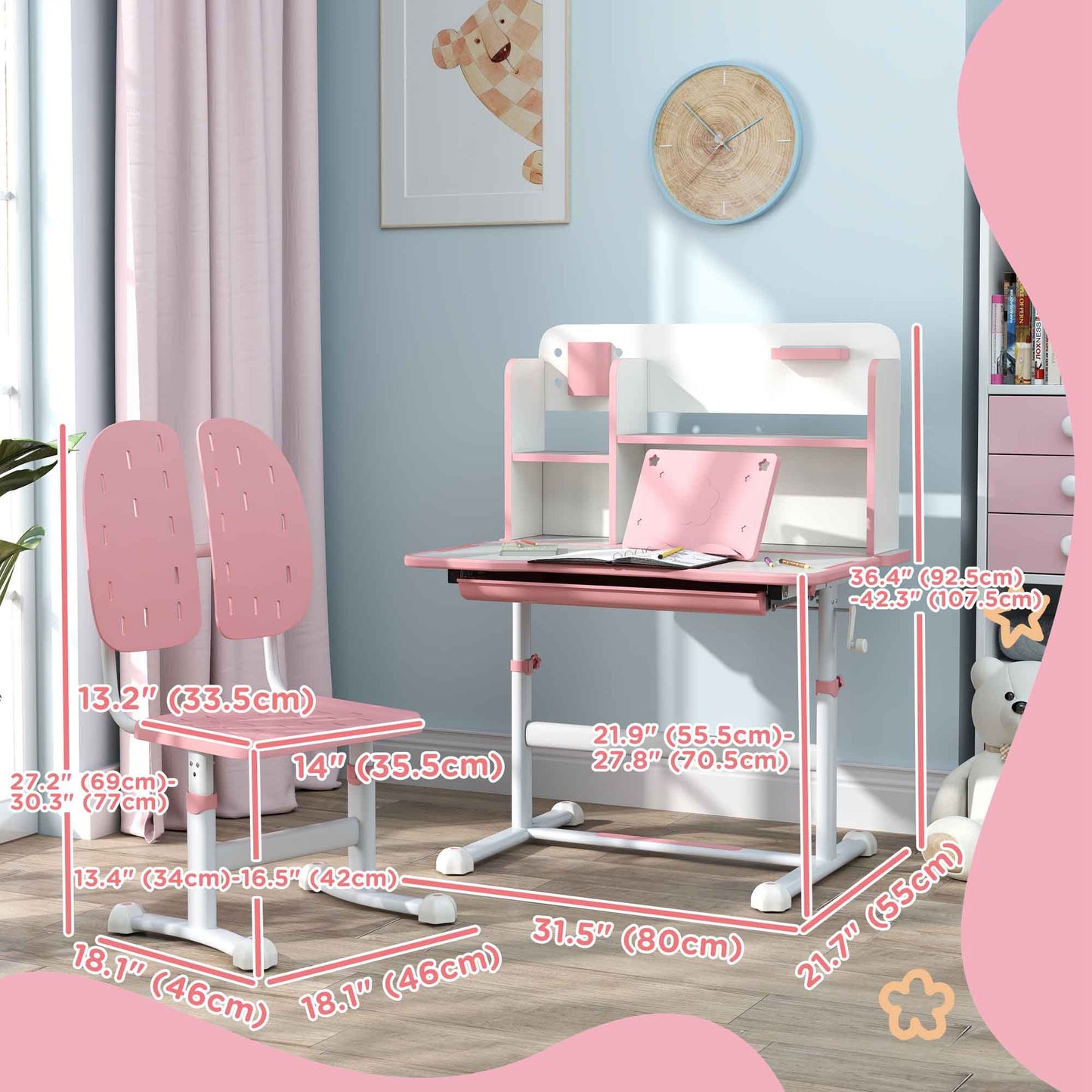 Adjustable Height Kids Desk and Chair Set, Kids Study Table and Chair with Tilt Desktop, Drawer, Reading Rack, Pink Kids Crystal