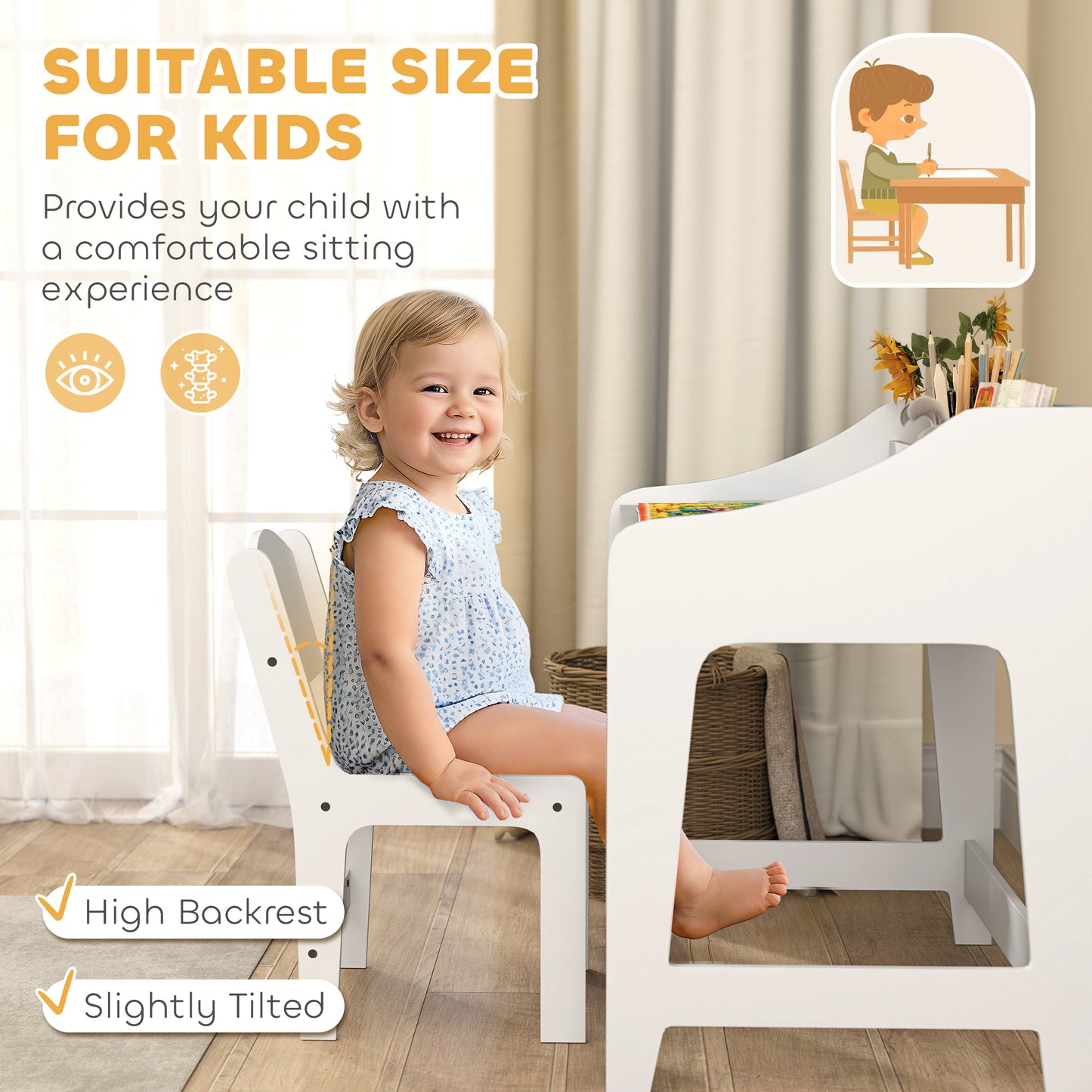 Kids Desk and Chair Set with Storage, Shelves for Bedroom, 3-8 Years Old, White Kids Crystal