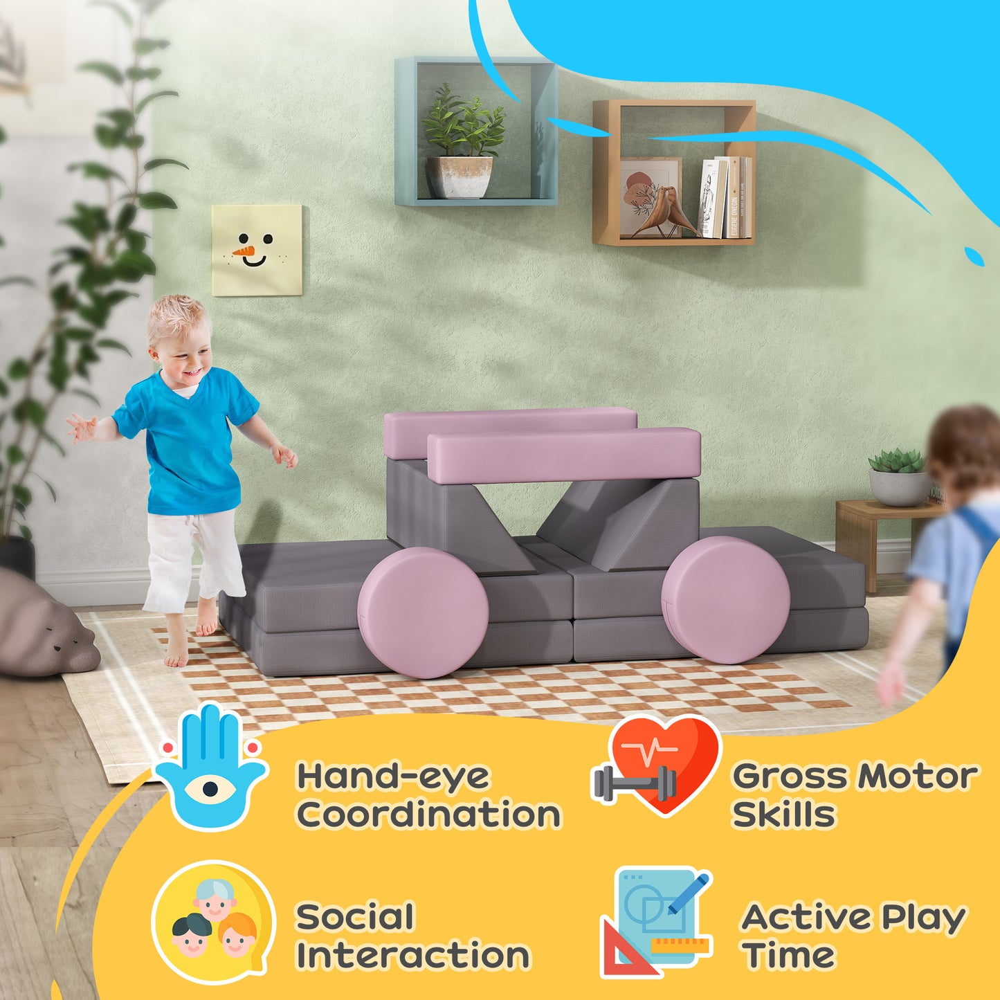 12-Piece Modular Kids Play Couch Building Fort for Playroom Bedroom, Convertible Kids Sofa, Grey Kids Crystal