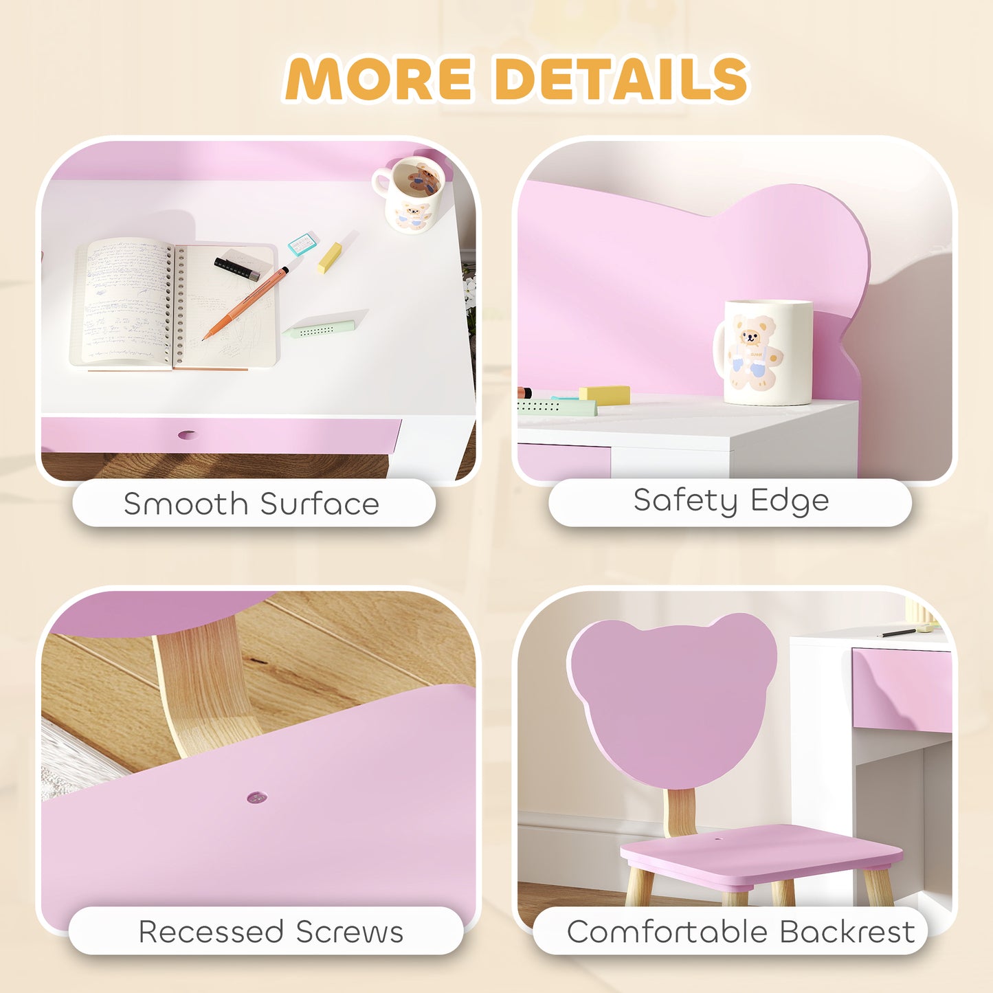 Kids Desk and Chair Set with Drawer for Drawing, Reading, Bear Theme Children Furniture for Bedroom, Daycare, Pink Kids Crystal