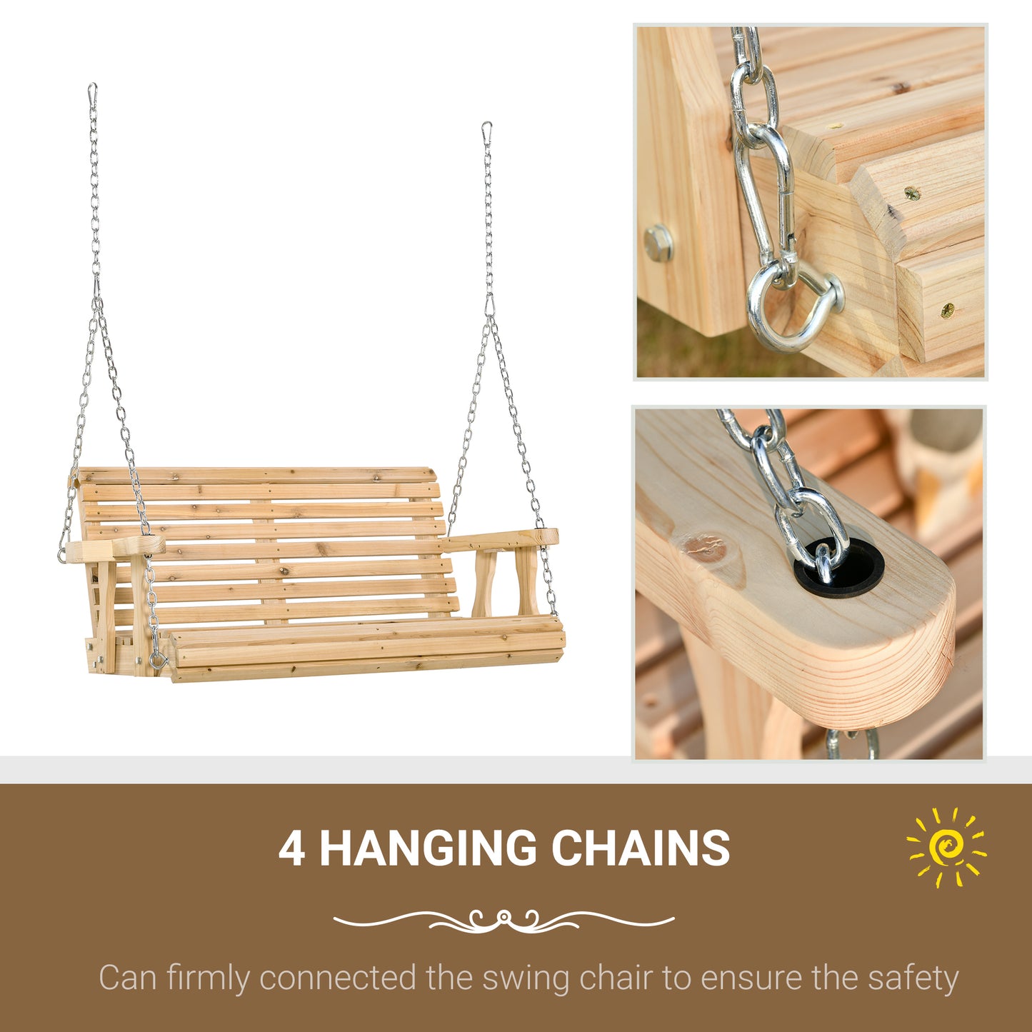 2 Seater Wooden Porch Swing Patio Swing Seat with Cup Holder and Chains Outdoor Swing Bench for Garden Yard, Natural Kids Crystal