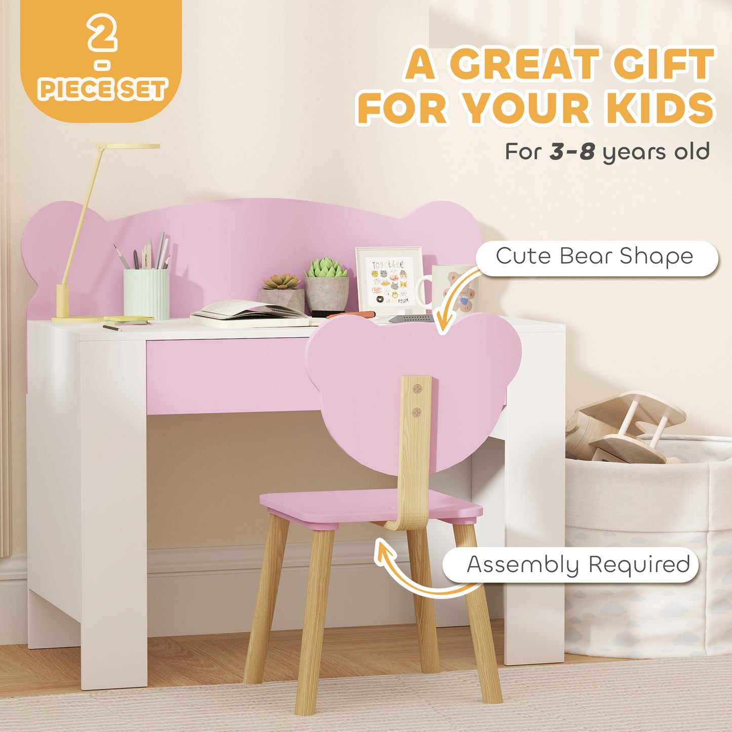 Kids Desk and Chair Set with Drawer for Drawing, Reading, Bear Theme Children Furniture for Bedroom, Daycare, Pink Kids Crystal
