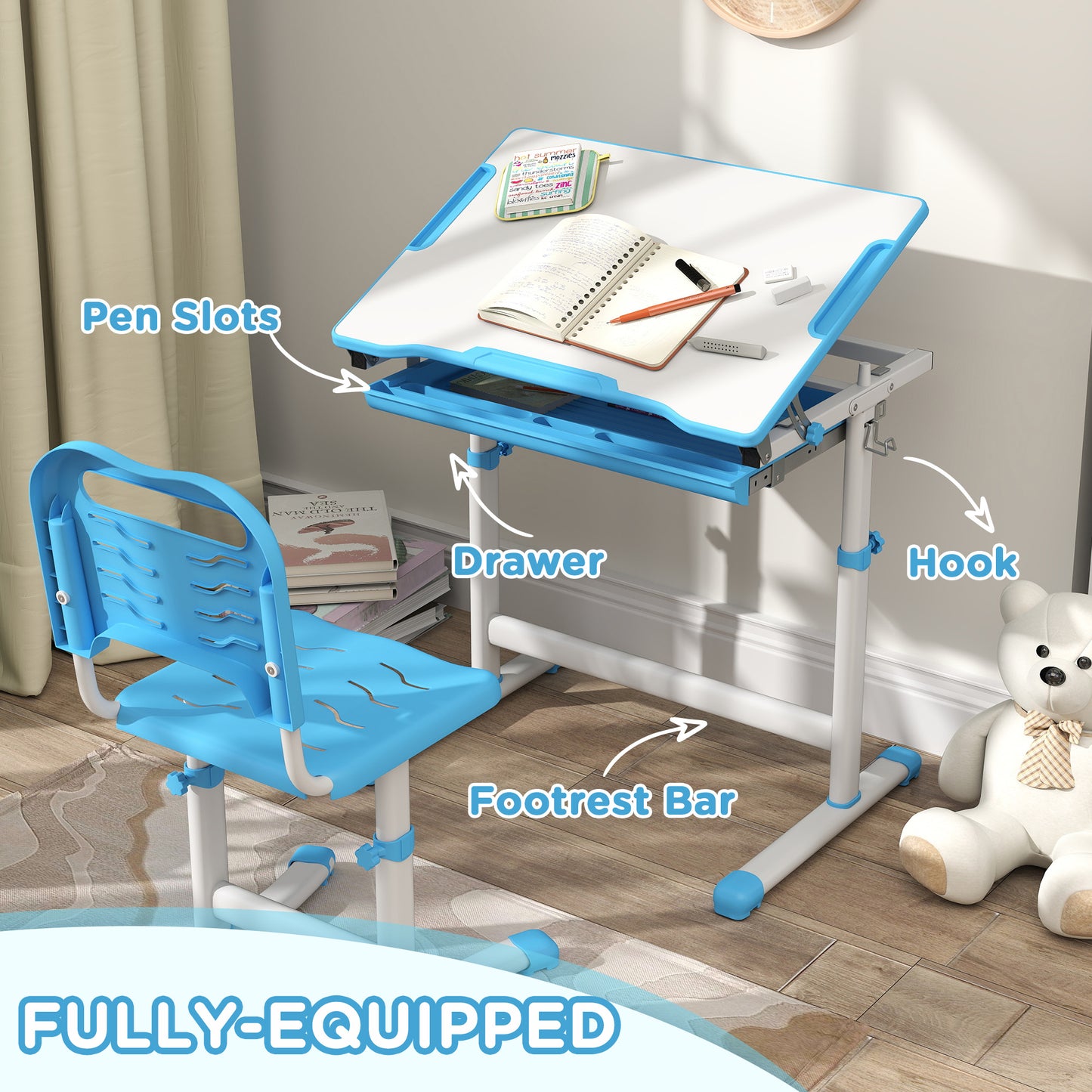 Height Adjustable Study Table and Chair Set with Drawer, Pen Slot, Tiltable Desktop, Hook, Blue Kids Crystal