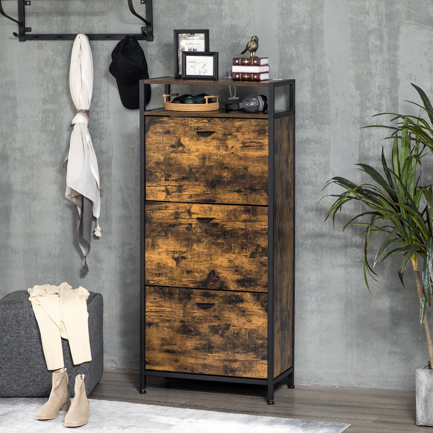 Industrial Style Shoe Storage with 3 Flip Drawers Open Shelf for 12 Pairs, Rustic Brown Finish Kids Crystal