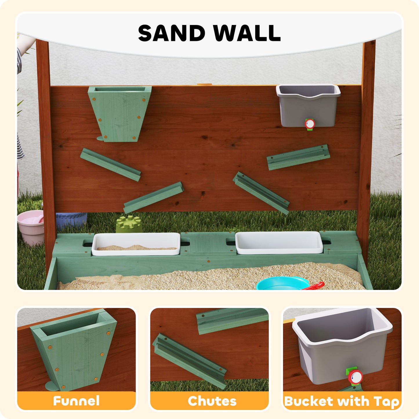 Wooden Kids Sandbox with Canopy, Sand Wall, Bottom Liner, for 3-6 Years, 46" x 44" W x 50" Green Kids Crystal