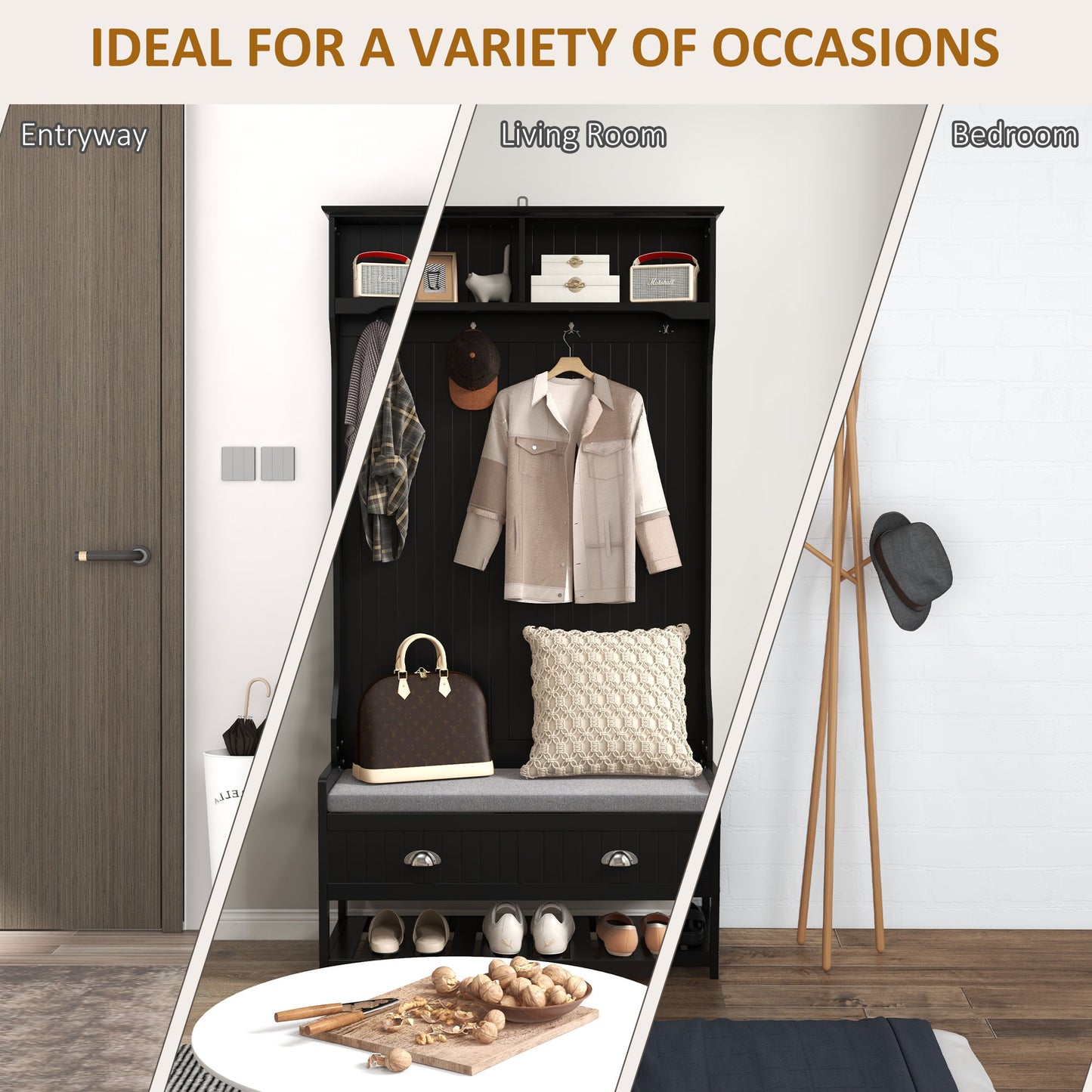 Coat Rack Shoe Bench, Hall Tree with Bench and Shoe Storage, Entryway Bench with 4 Hooks, 2 Drawers, 2 Shelves, Black