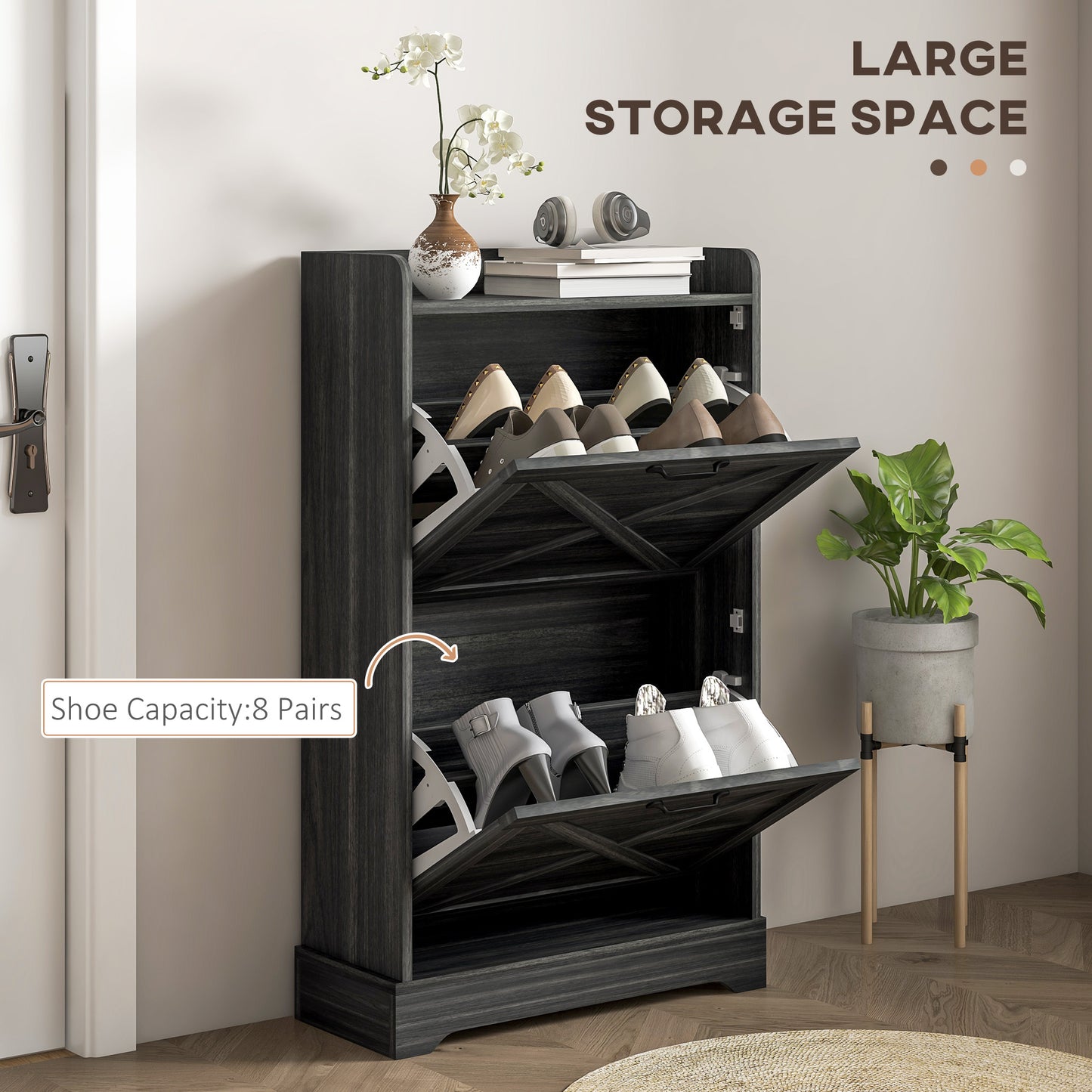 Slim Shoe Storage Cabinet, Farmhouse Shoe Cabinet with 2 Flip Drawers, Adjustable Shelves for 8 Pairs, Distressed Grey Kids Crystal