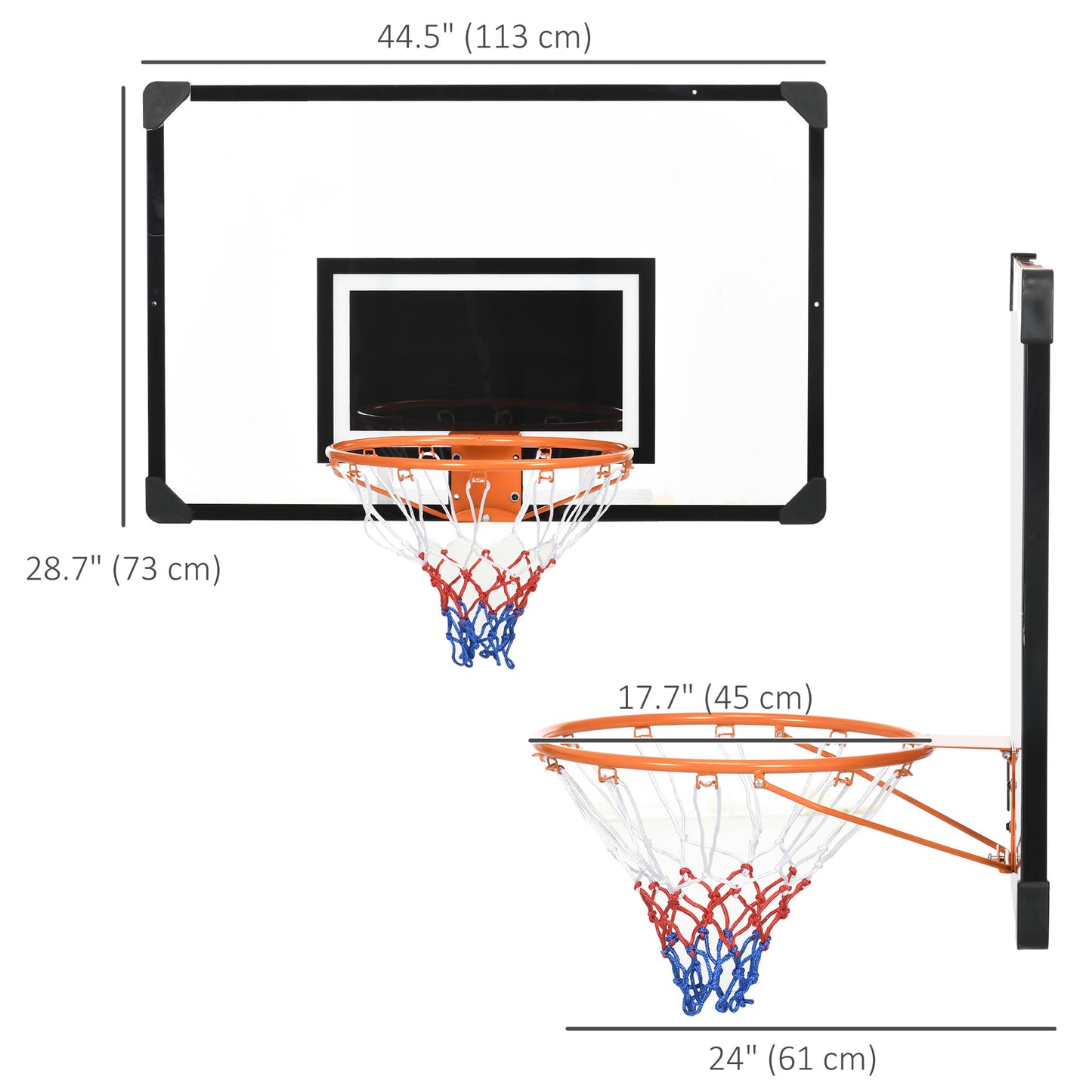 Wall Mounted Mini Basketball Hoop with 45" x 29" Backboard, Rim and All-Weather Net for Indoor and Outdoor Use Kids Crystal