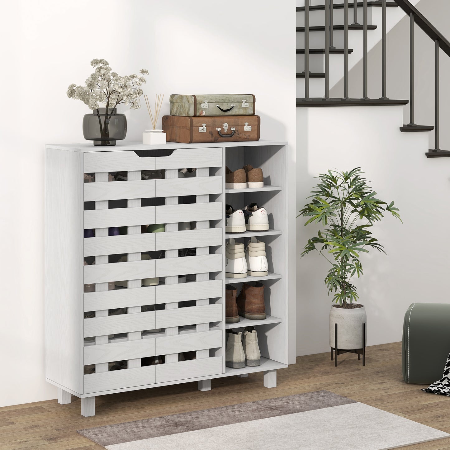 21 Pair Shoe Storage Cabinet Organizer with 5-Tier Double Door Cupboard 5-Tier Open Shelves White Kids Crystal