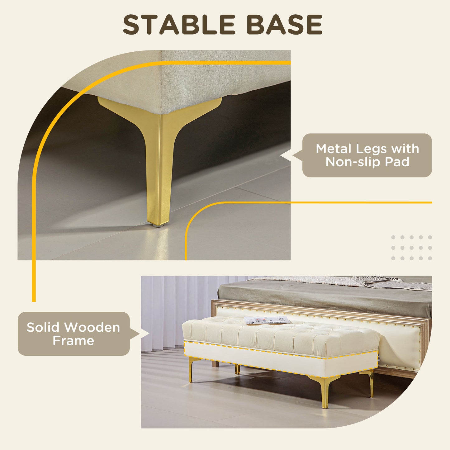 End of Bed Bench, Upholstered Bench, Entryway Shoe Bench with Button Tufted for Living Room, Bedroom, Cream White Kids Crystal