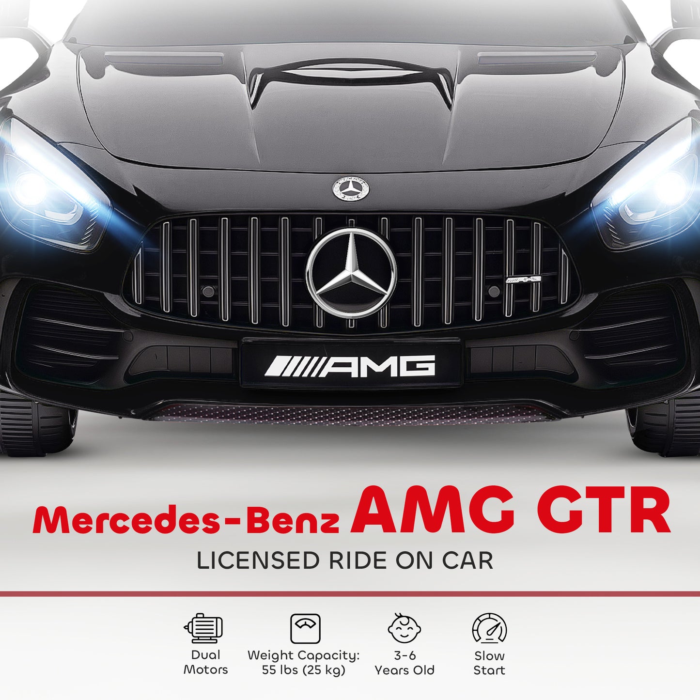 Mercedes-Benz AMG GTR Licensed 12V Battery Powered Kids Electric Car w/ Remote, Soft Start, Lights, Music Horn Black Kids Crystal