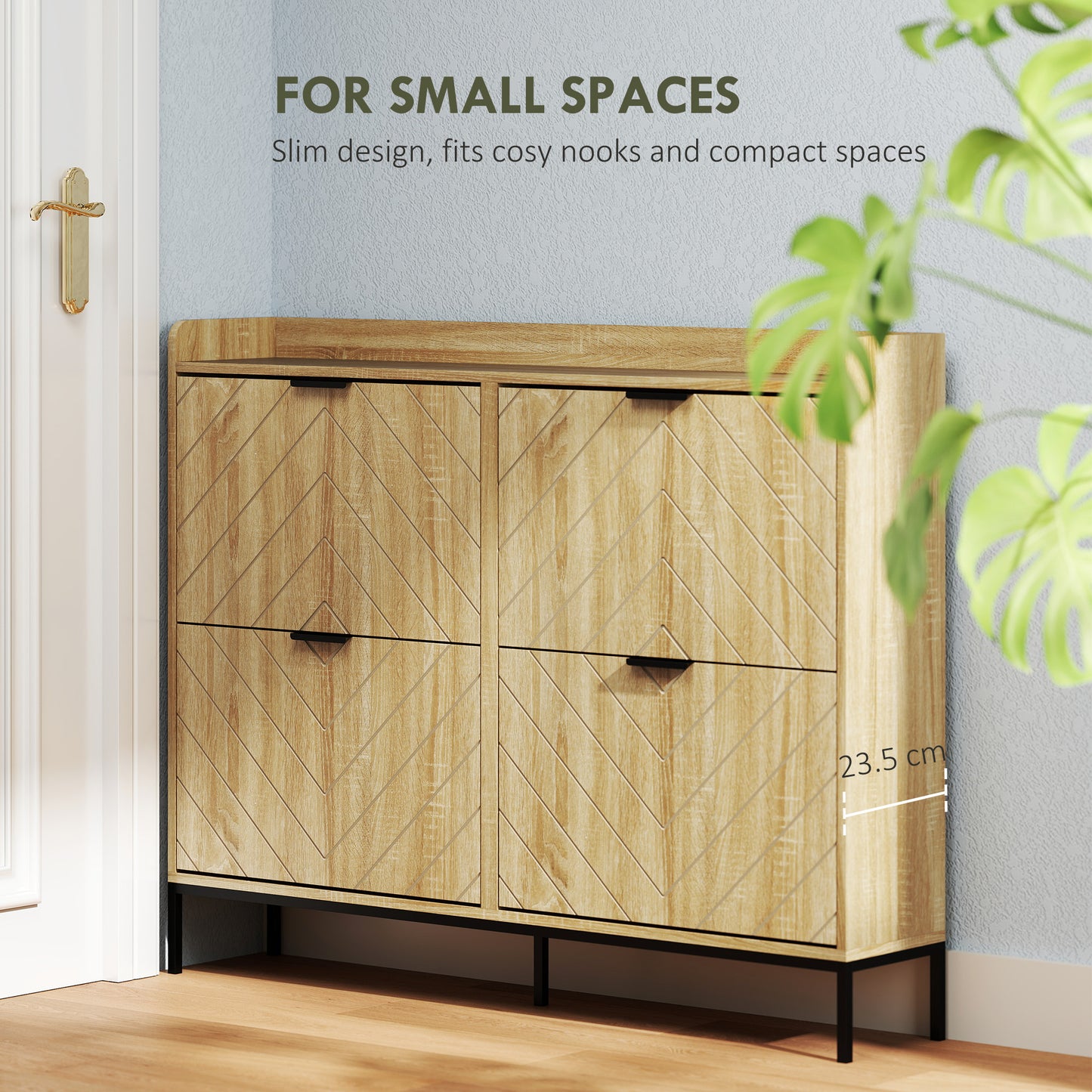Narrow Shoe Storage Cabinet, Modern Slim Shoe Cabinet with 4 Flip Drawers, 16 Pairs of Shoes for Hallway, Entryway, Oak Kids Crystal
