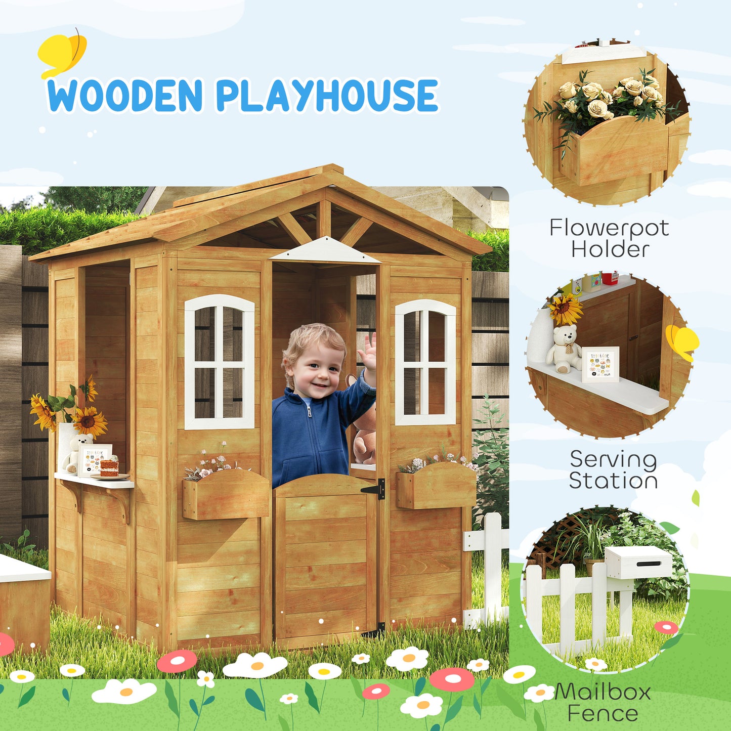 Wooden Kids Playhouse with Door Windows Mailbox Flower Pot Holder Serving Station Bench Yellow Kids Crystal