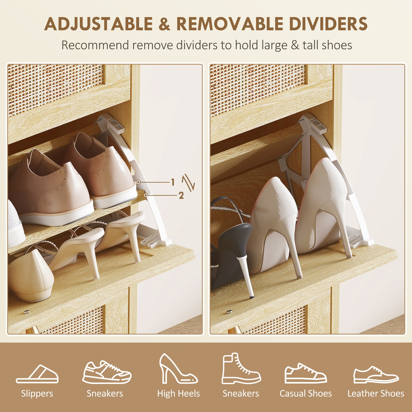 Rattan Shoe Storage Cabinet with 3 Flip Drawers and Adjustable Shelves, Entryway Shoe Cabinet for 18 Pairs, Oak Kids Crystal