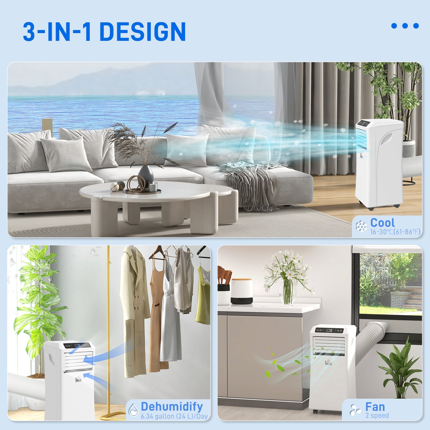 10,000BTU Mobile Portable Air Conditioner with Cooling, Dehumidifier, 2 Speed Fans, 24-Hour Timer for Bedroom, White