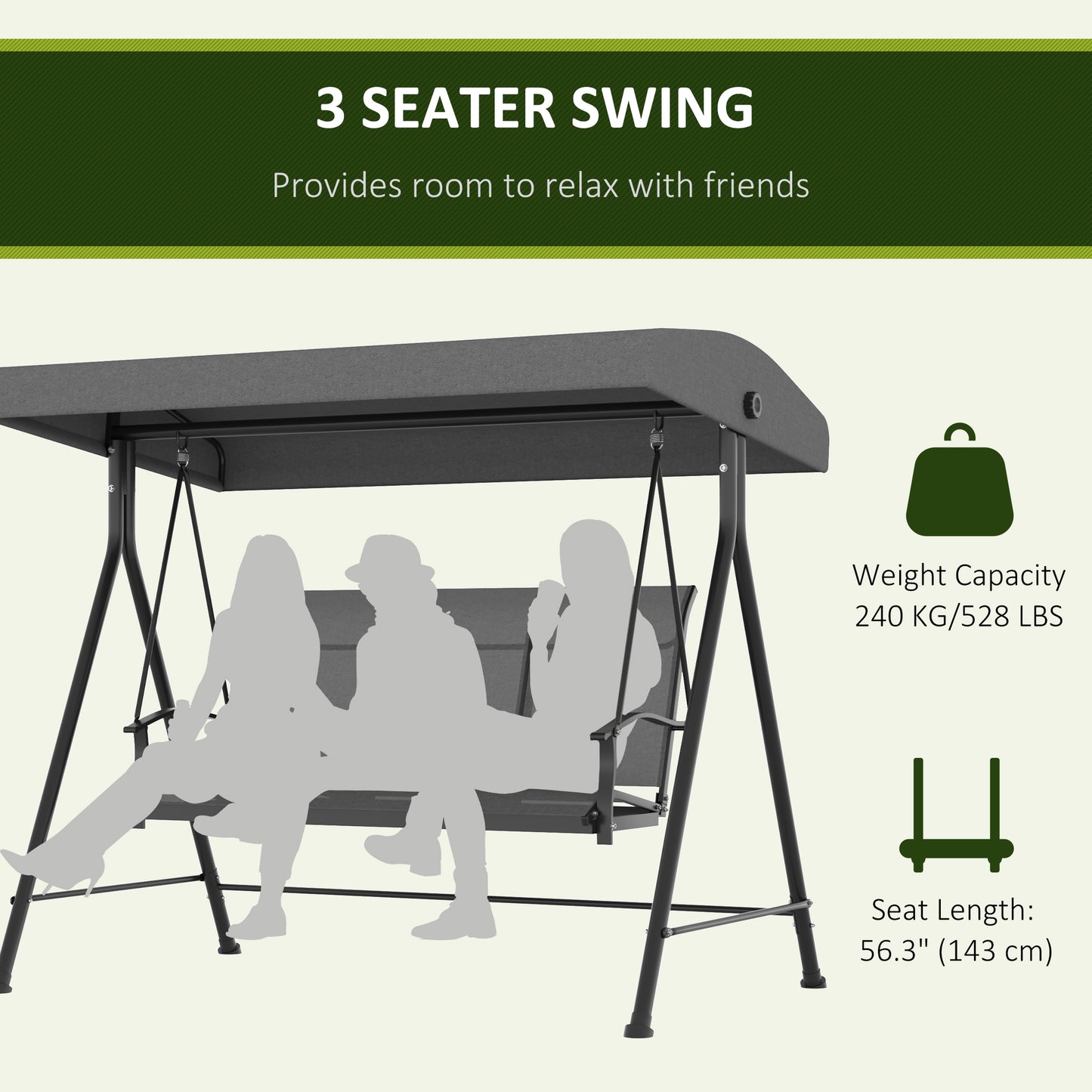 3 Seater Outdoor Swing Chair with Canopy, Metal Porch Swing Bench for Patio, Garden, Backyard, Lawn, Dark Grey Kids Crystal
