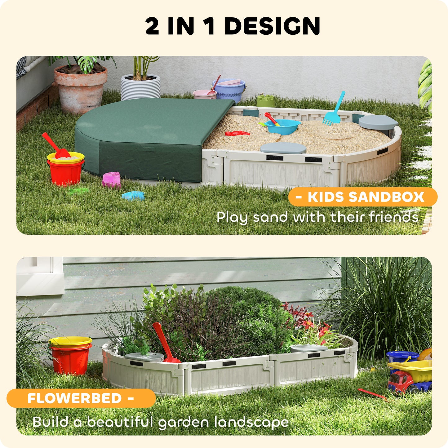 Kids Sandbox with Cover, Seat, Sandbox Outdoor for Backyard, Cream White Kids Crystal