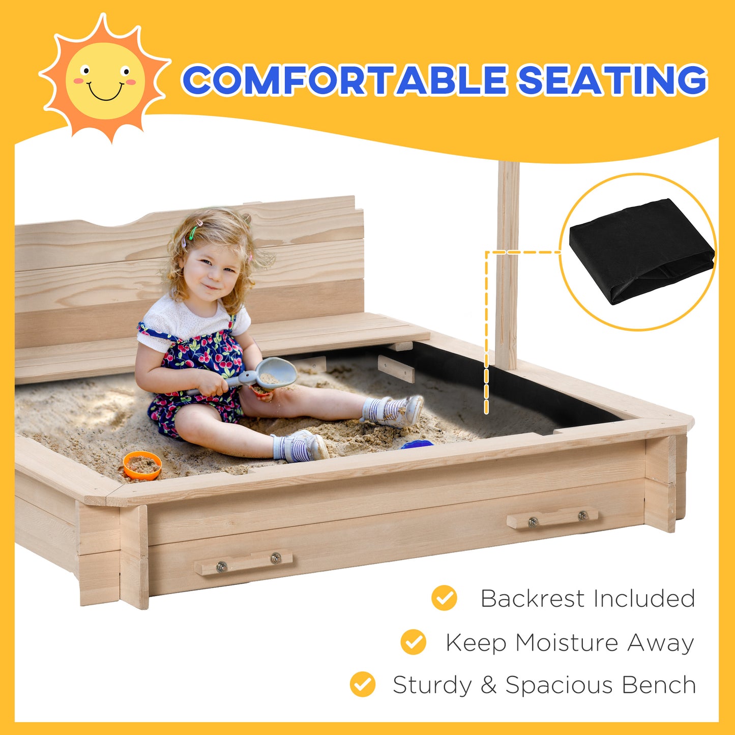 Wooden Sandbox for Kids with Adjustable Canopy and Convertible Bench, Outdoor Playset - Sand Kids Crystal